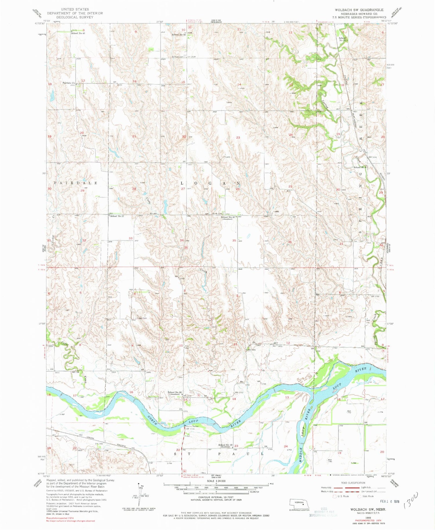 Classic USGS Wolbach SW Nebraska 7.5'x7.5' Topo Map Image