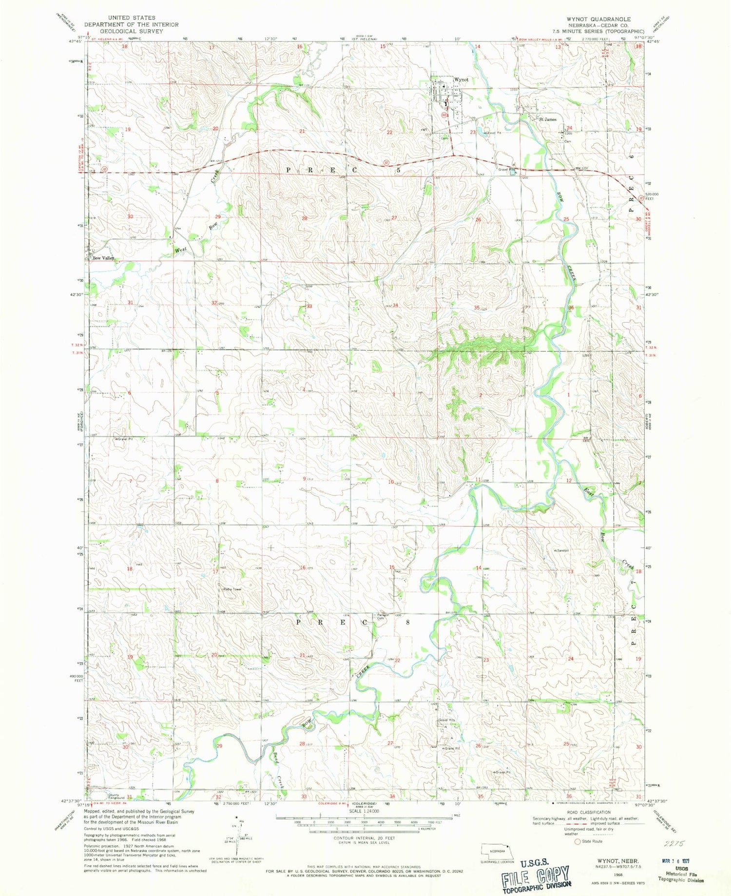 Classic USGS Wynot Nebraska 7.5'x7.5' Topo Map Image