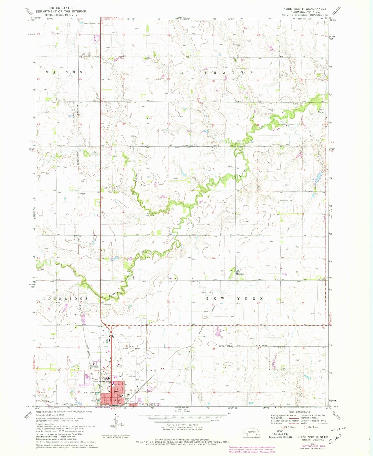 Classic USGS York North Nebraska 7.5'x7.5' Topo Map Image