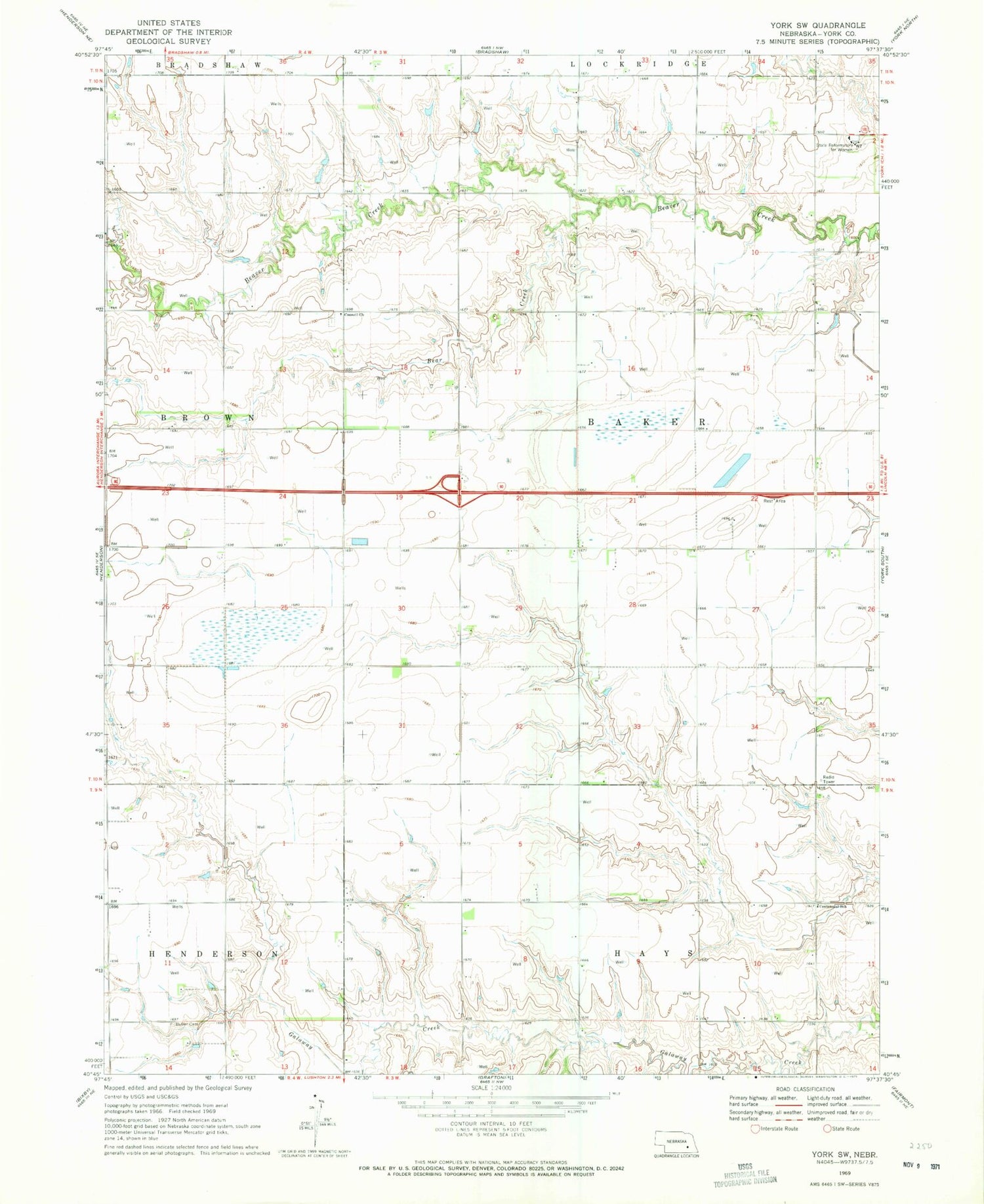 Classic USGS York SW Nebraska 7.5'x7.5' Topo Map Image