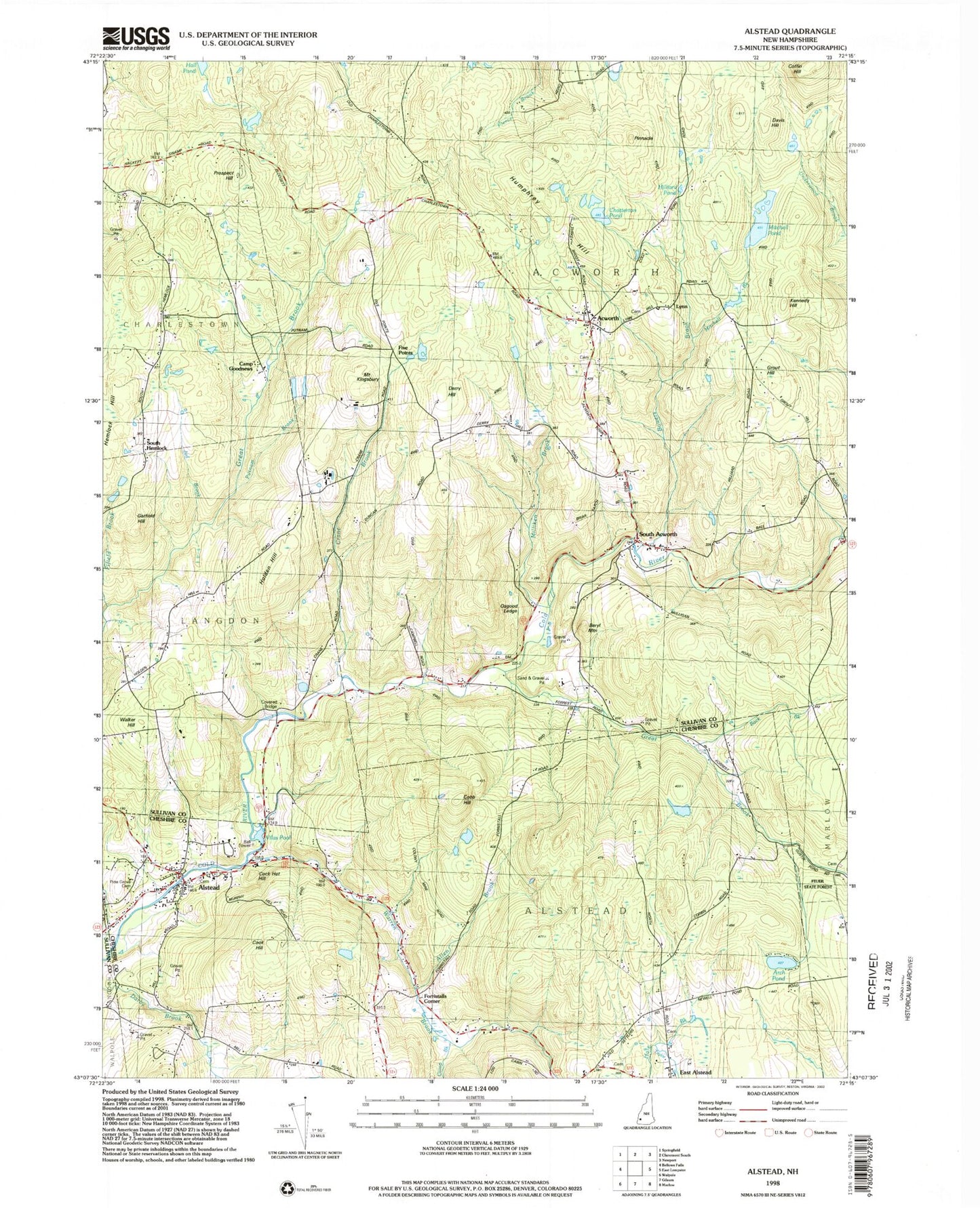 Classic USGS Alstead New Hampshire 7.5'x7.5' Topo Map Image