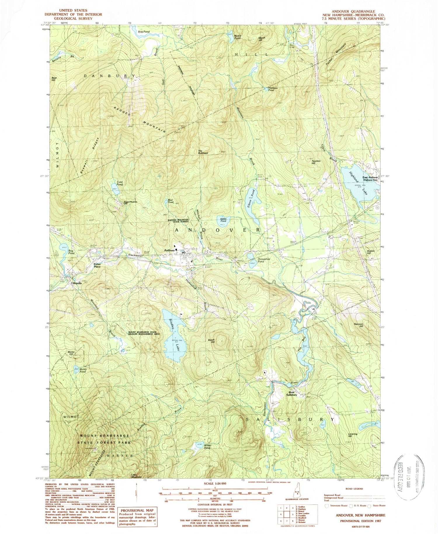Classic USGS Andover New Hampshire 7.5'x7.5' Topo Map Image