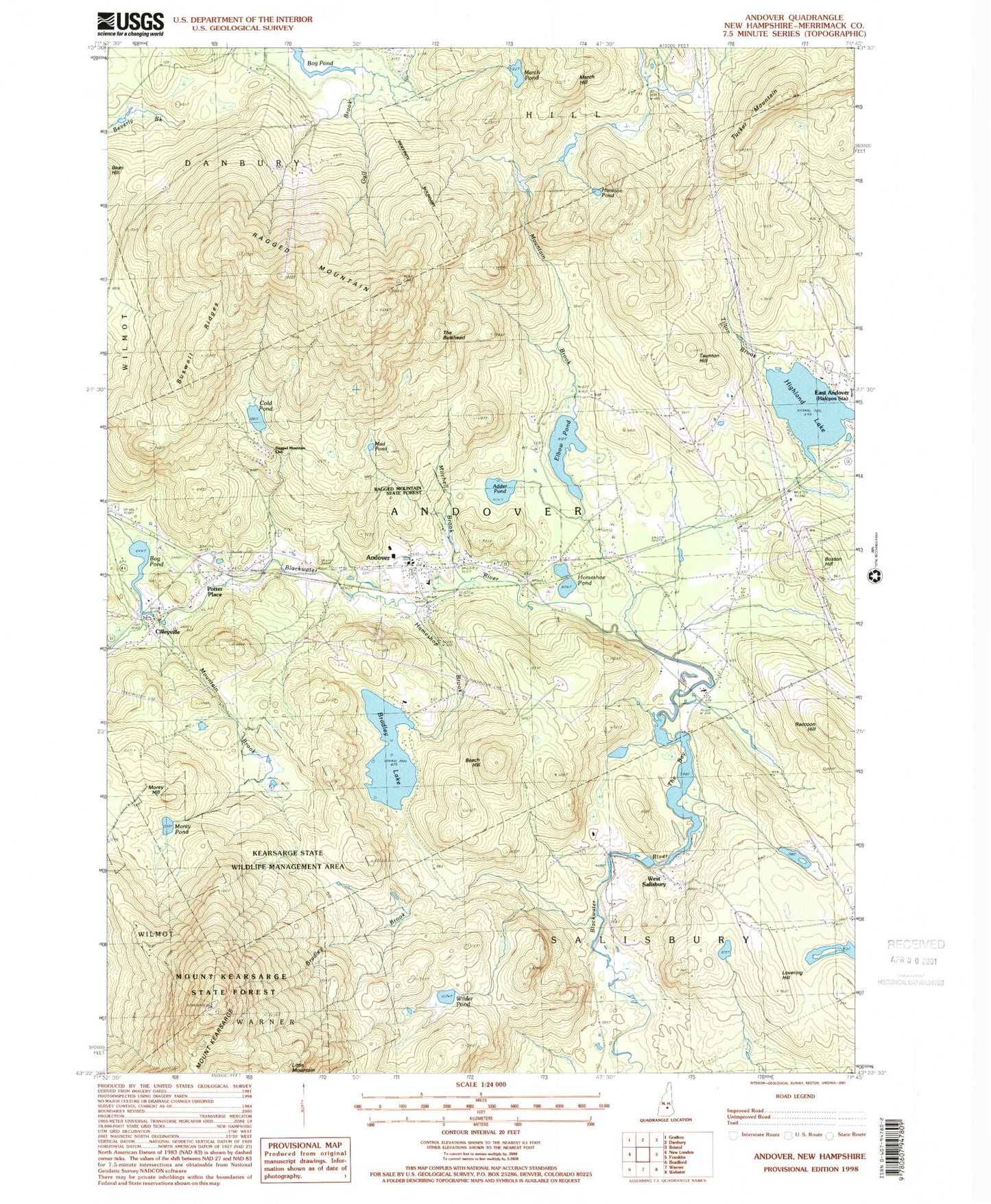 Classic USGS Andover New Hampshire 7.5'x7.5' Topo Map Image