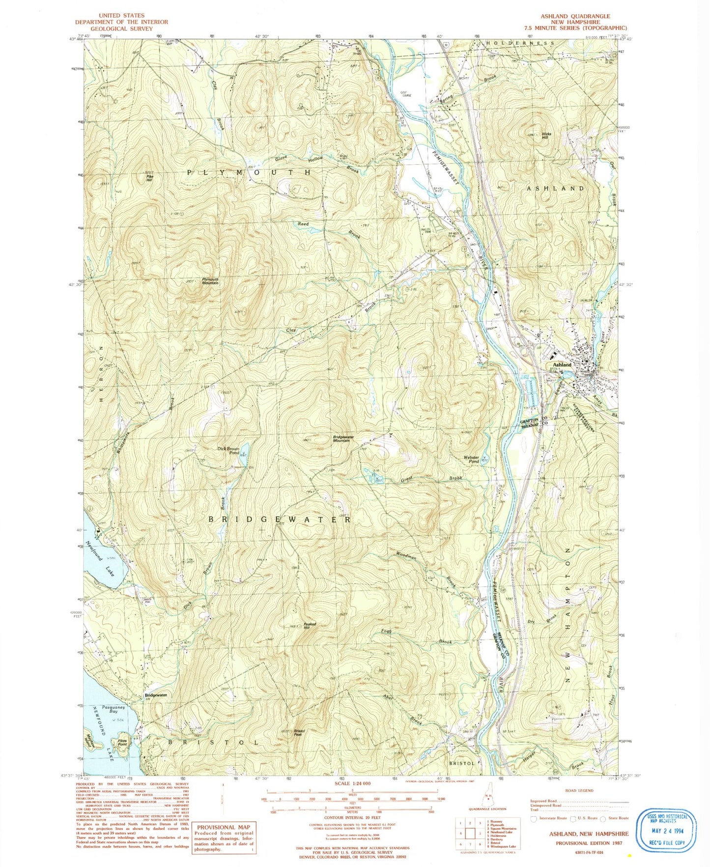 Classic USGS Ashland New Hampshire 7.5'x7.5' Topo Map Image