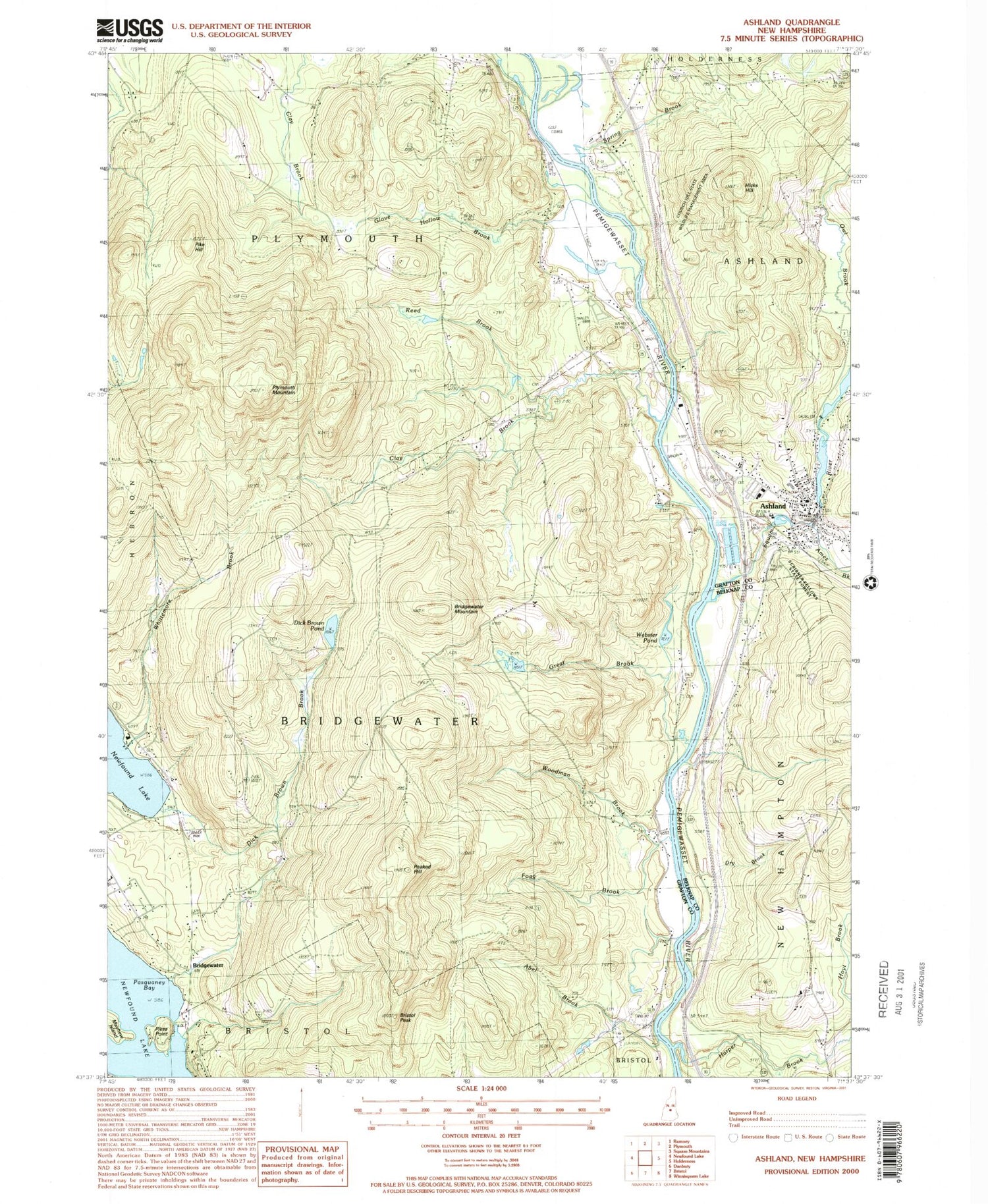 Classic USGS Ashland New Hampshire 7.5'x7.5' Topo Map Image