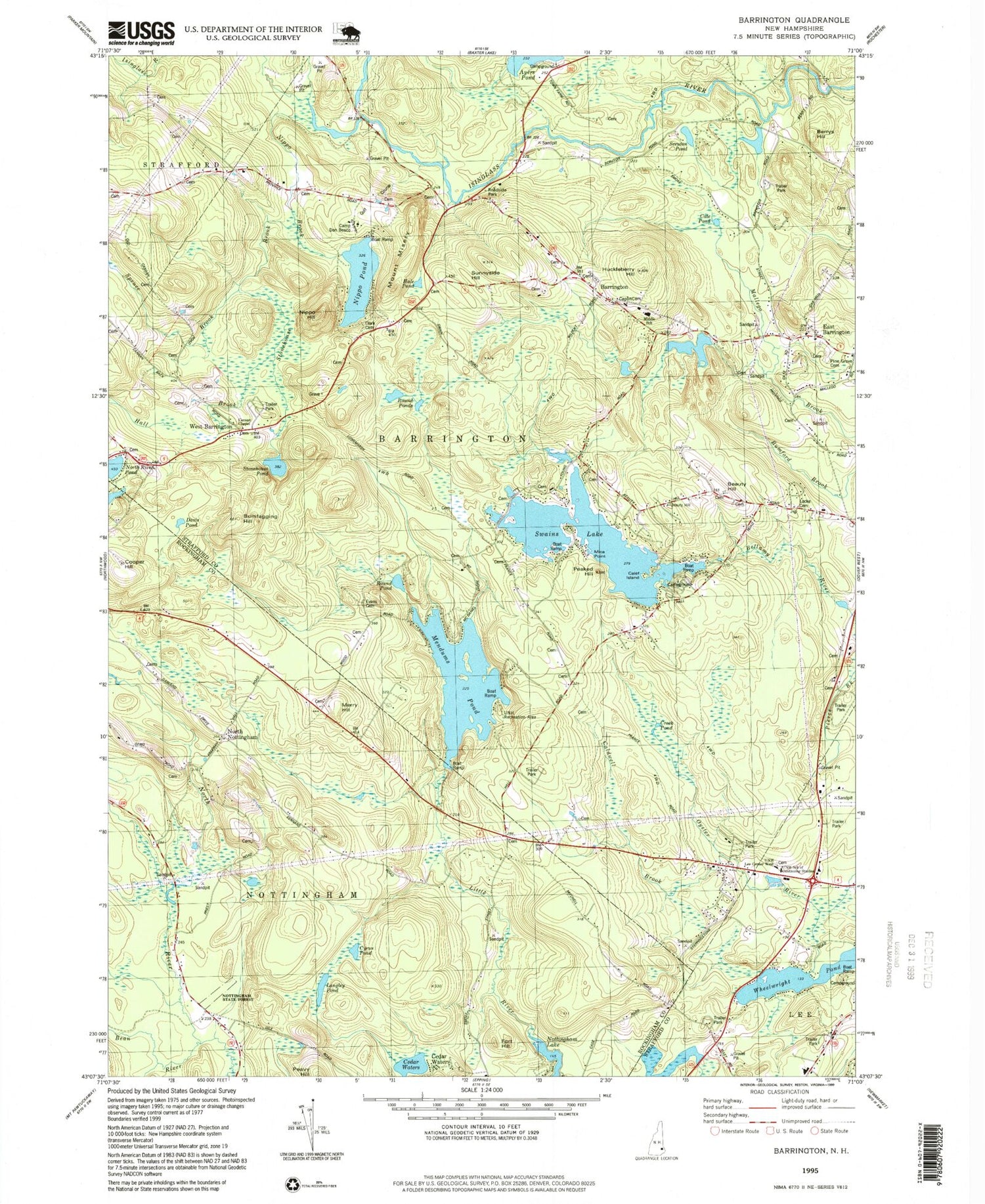 Classic USGS Barrington New Hampshire 7.5'x7.5' Topo Map Image