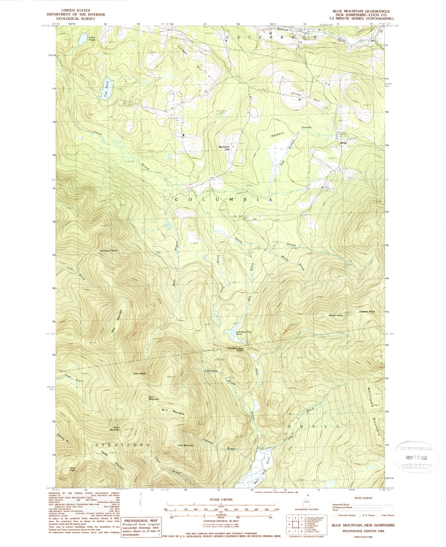 Classic USGS Bunnell Mountain New Hampshire 7.5'x7.5' Topo Map Image