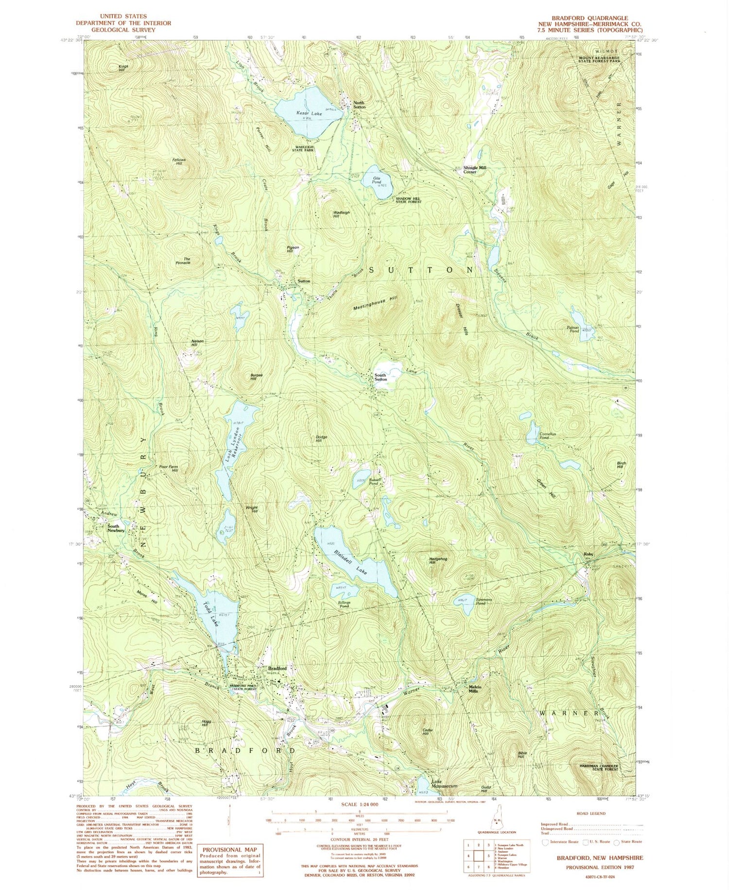 Classic USGS Bradford New Hampshire 7.5'x7.5' Topo Map Image