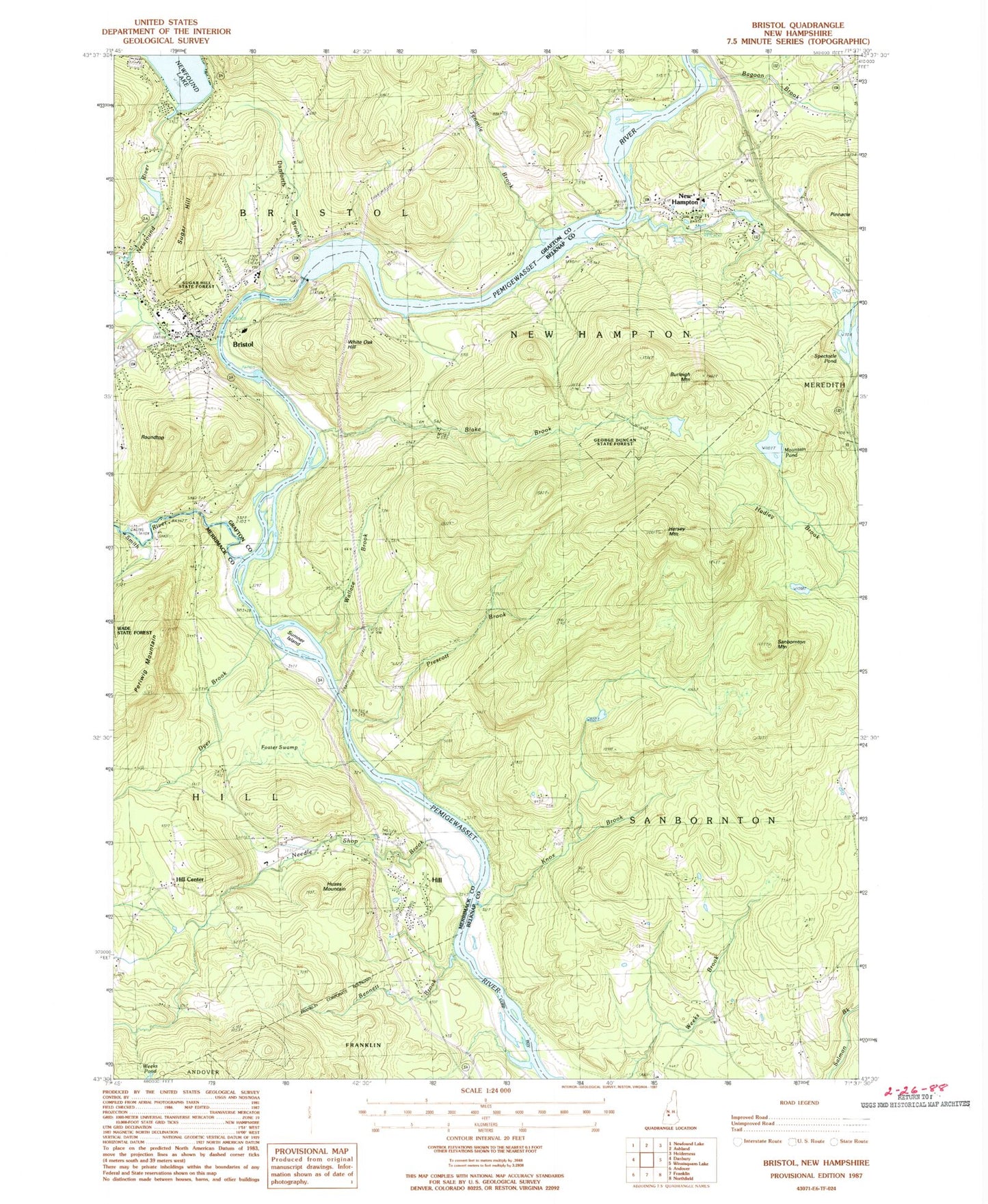 Classic USGS Bristol New Hampshire 7.5'x7.5' Topo Map Image