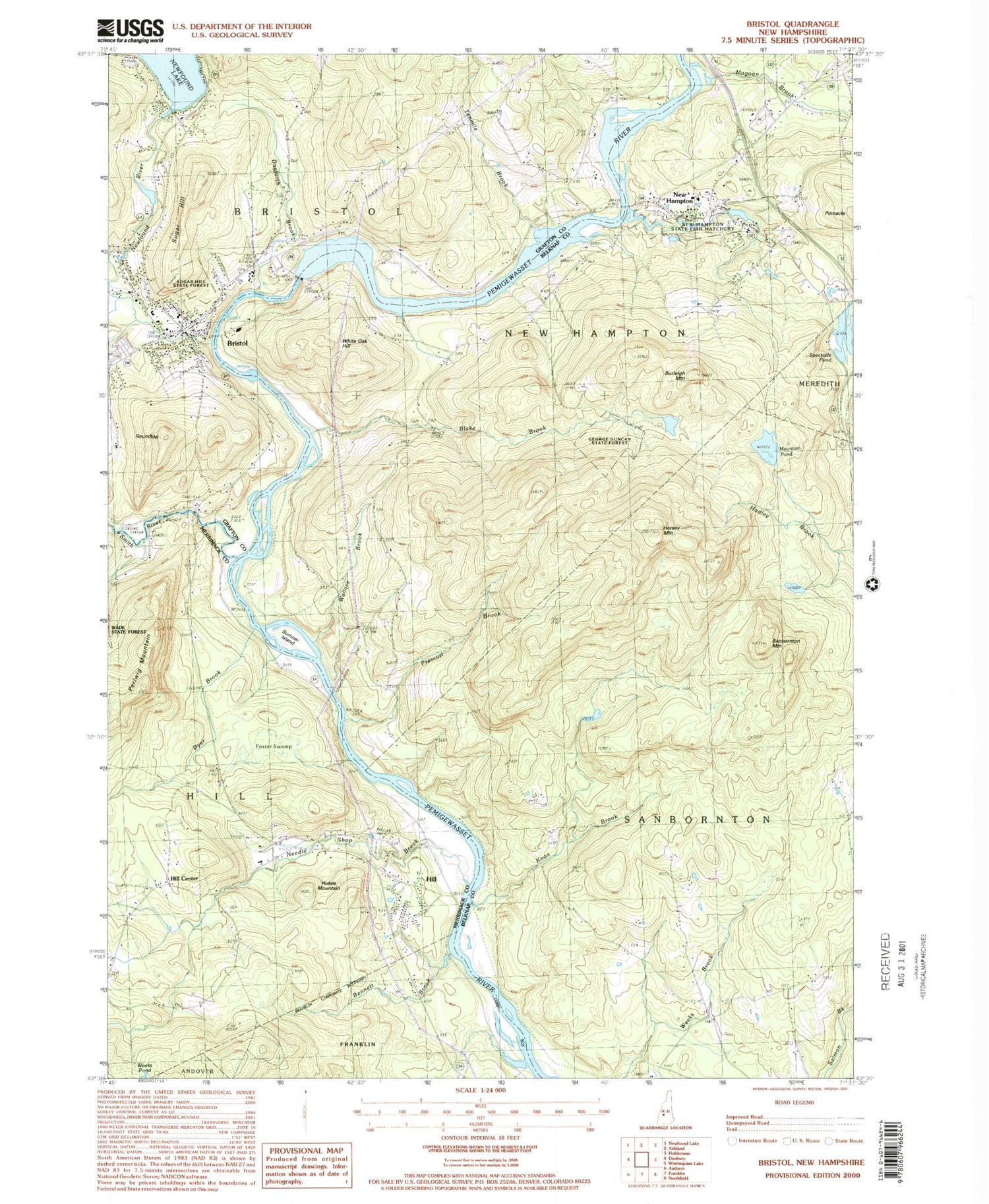 Classic USGS Bristol New Hampshire 7.5'x7.5' Topo Map Image