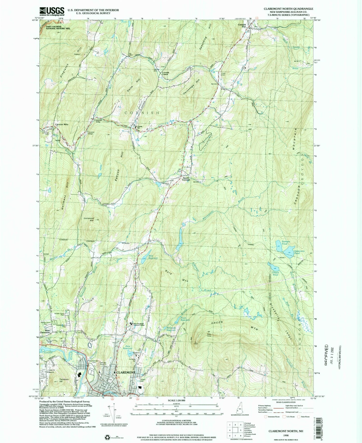 Classic USGS Claremont North New Hampshire 7.5'x7.5' Topo Map Image