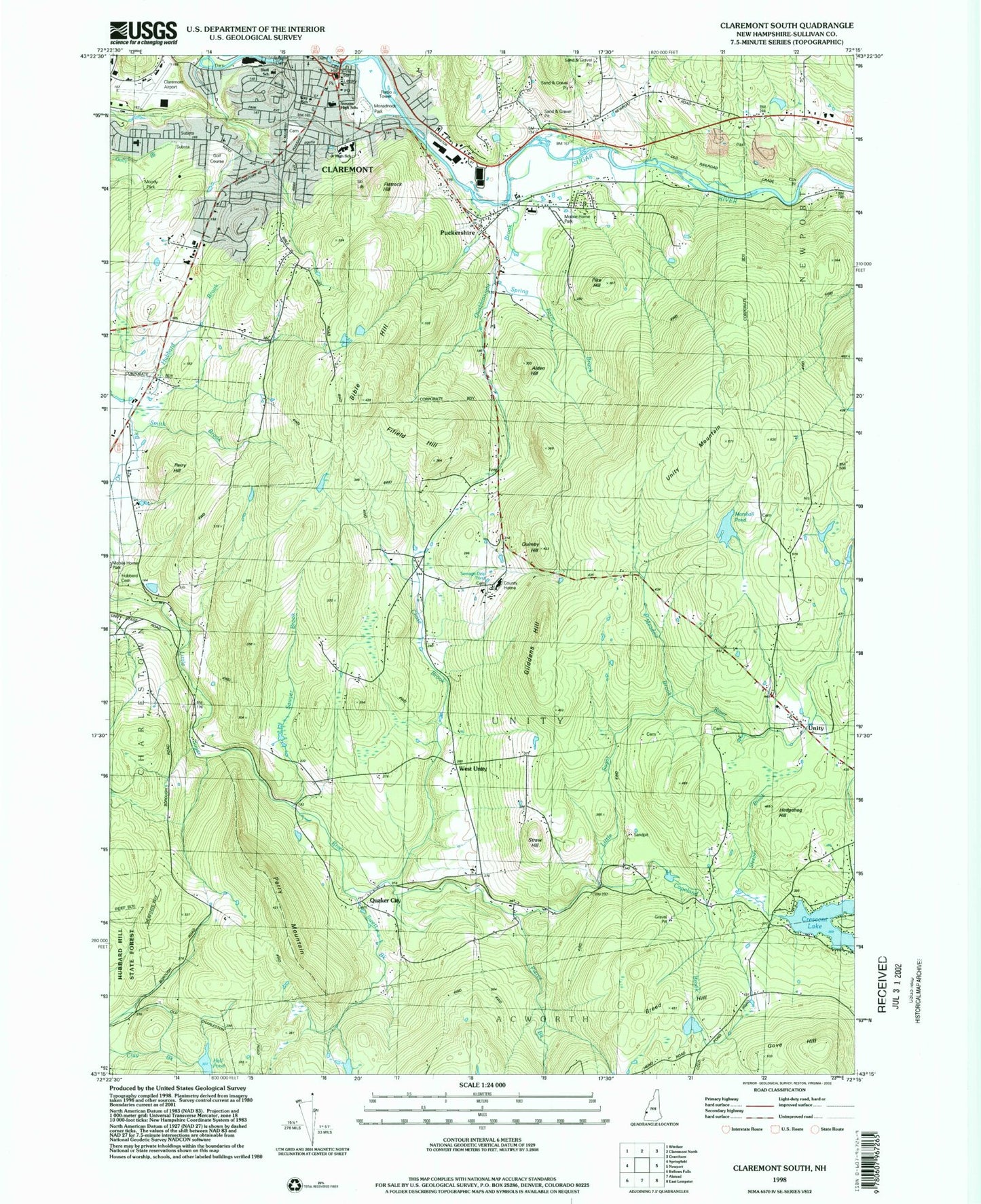 Classic USGS Claremont South New Hampshire 7.5'x7.5' Topo Map Image