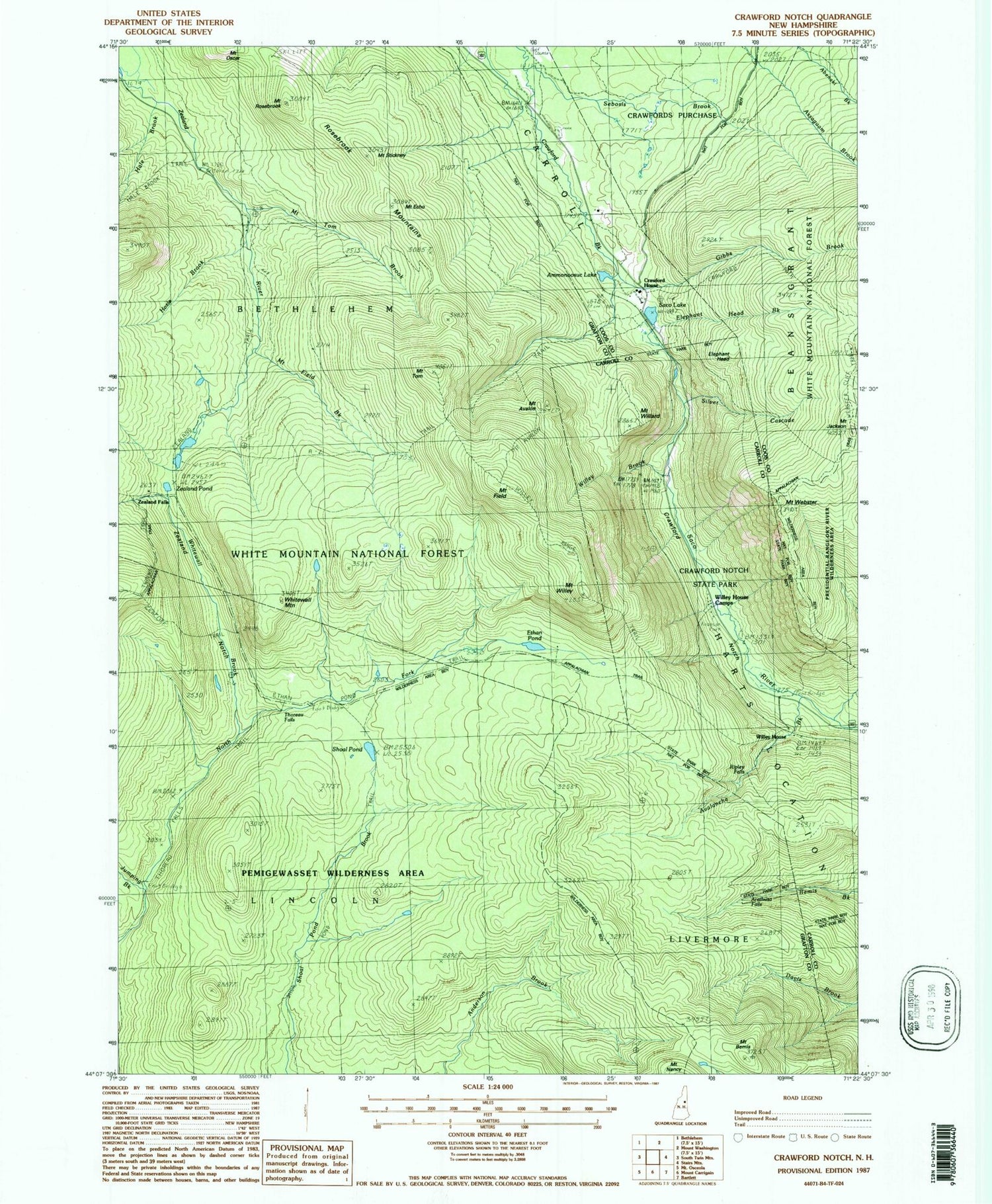 Classic USGS Crawford Notch New Hampshire 7.5'x7.5' Topo Map Image