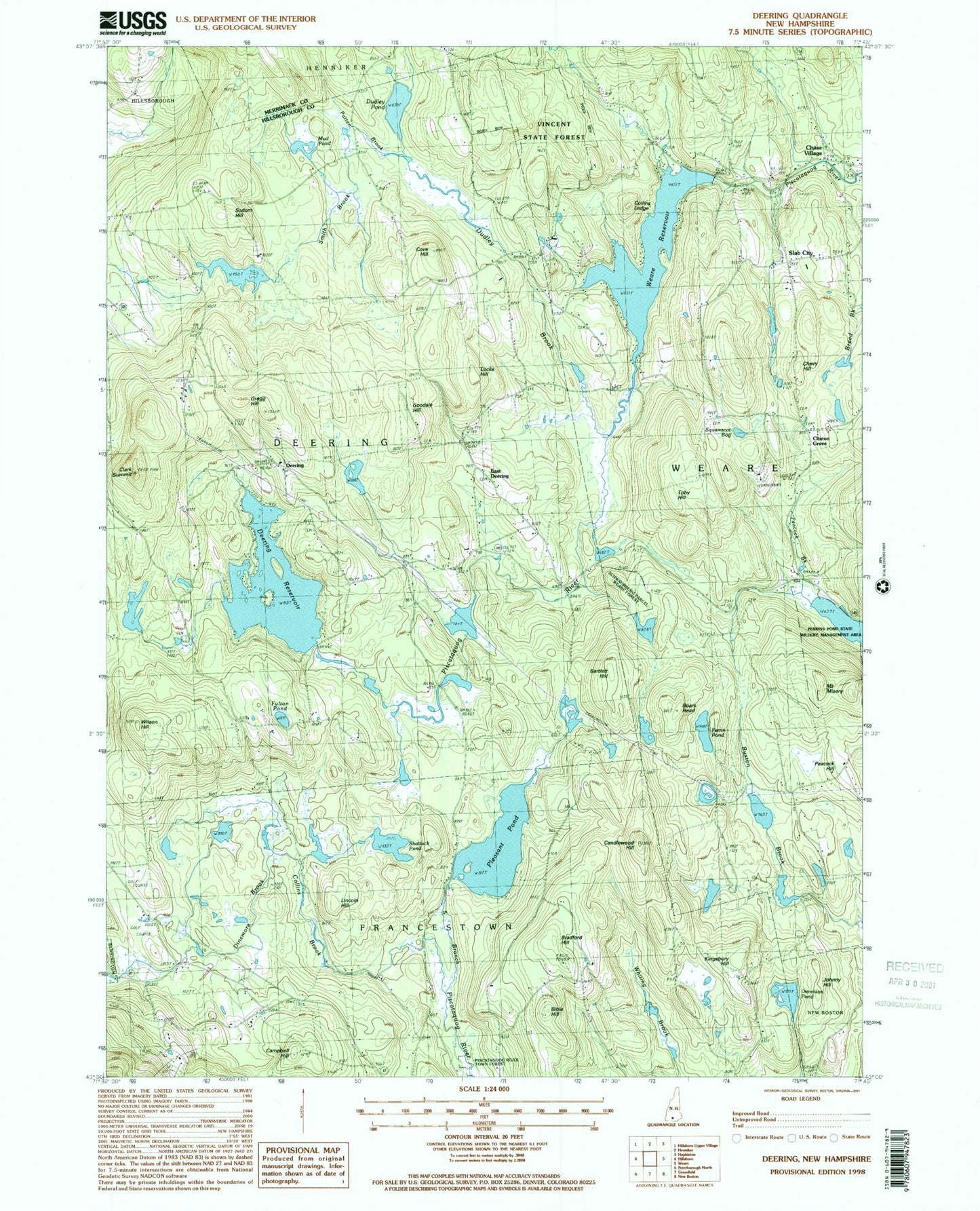 Classic USGS Deering New Hampshire 7.5'x7.5' Topo Map Image