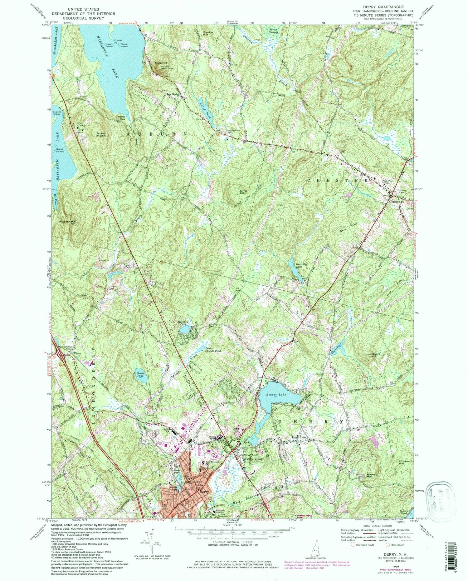 Classic USGS Derry New Hampshire 7.5'x7.5' Topo Map Image