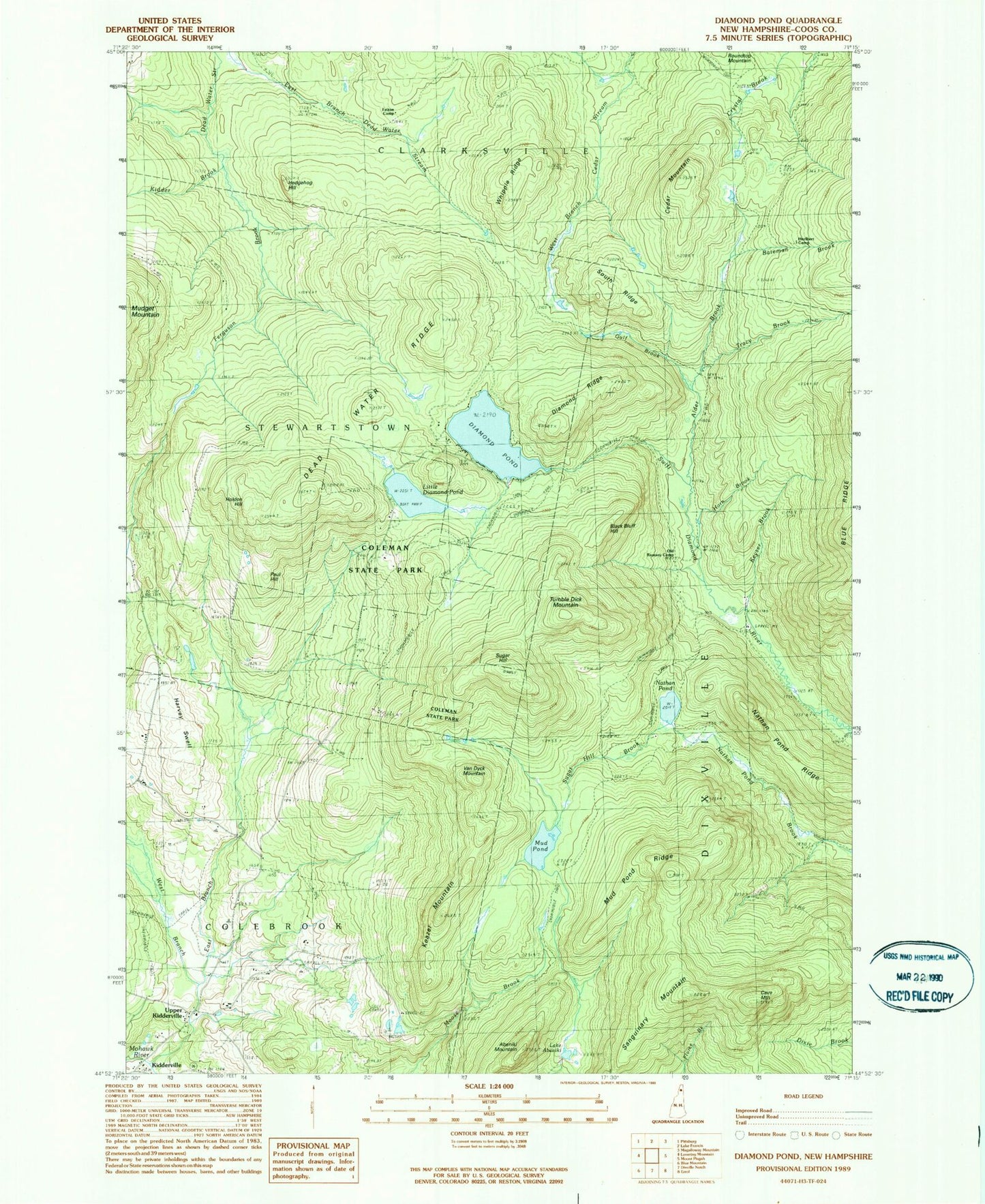 Classic USGS Diamond Pond New Hampshire 7.5'x7.5' Topo Map Image