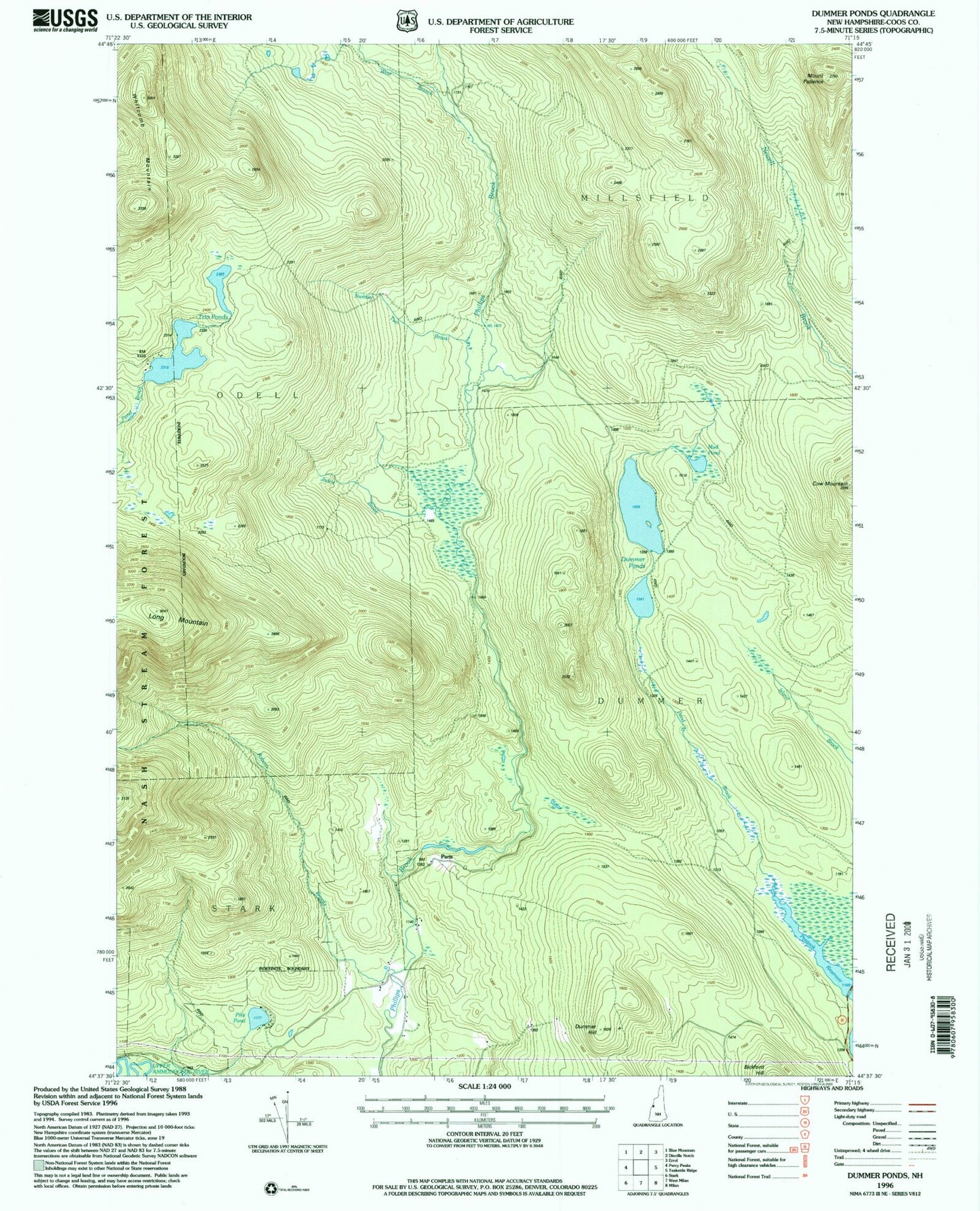 Classic USGS Dummer Ponds New Hampshire 7.5'x7.5' Topo Map Image