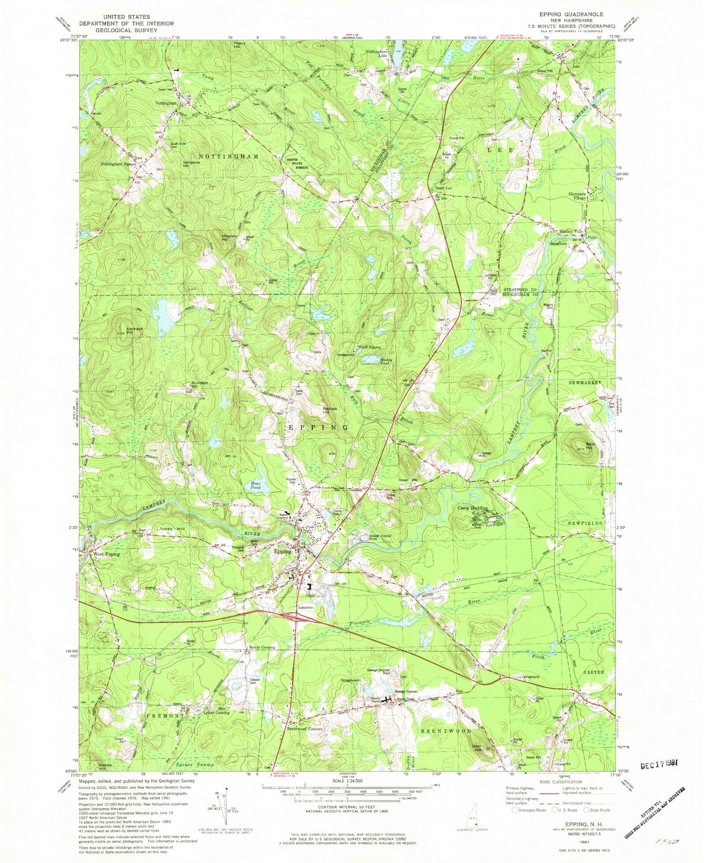 Classic USGS Epping New Hampshire 7.5'x7.5' Topo Map Image