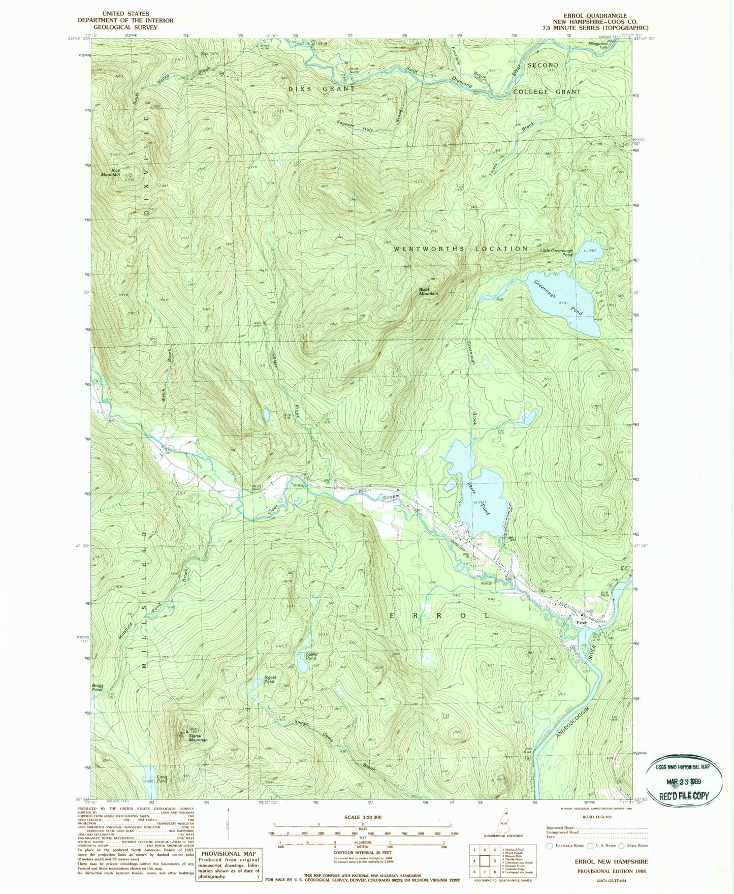Classic USGS Errol New Hampshire 7.5'x7.5' Topo Map Image