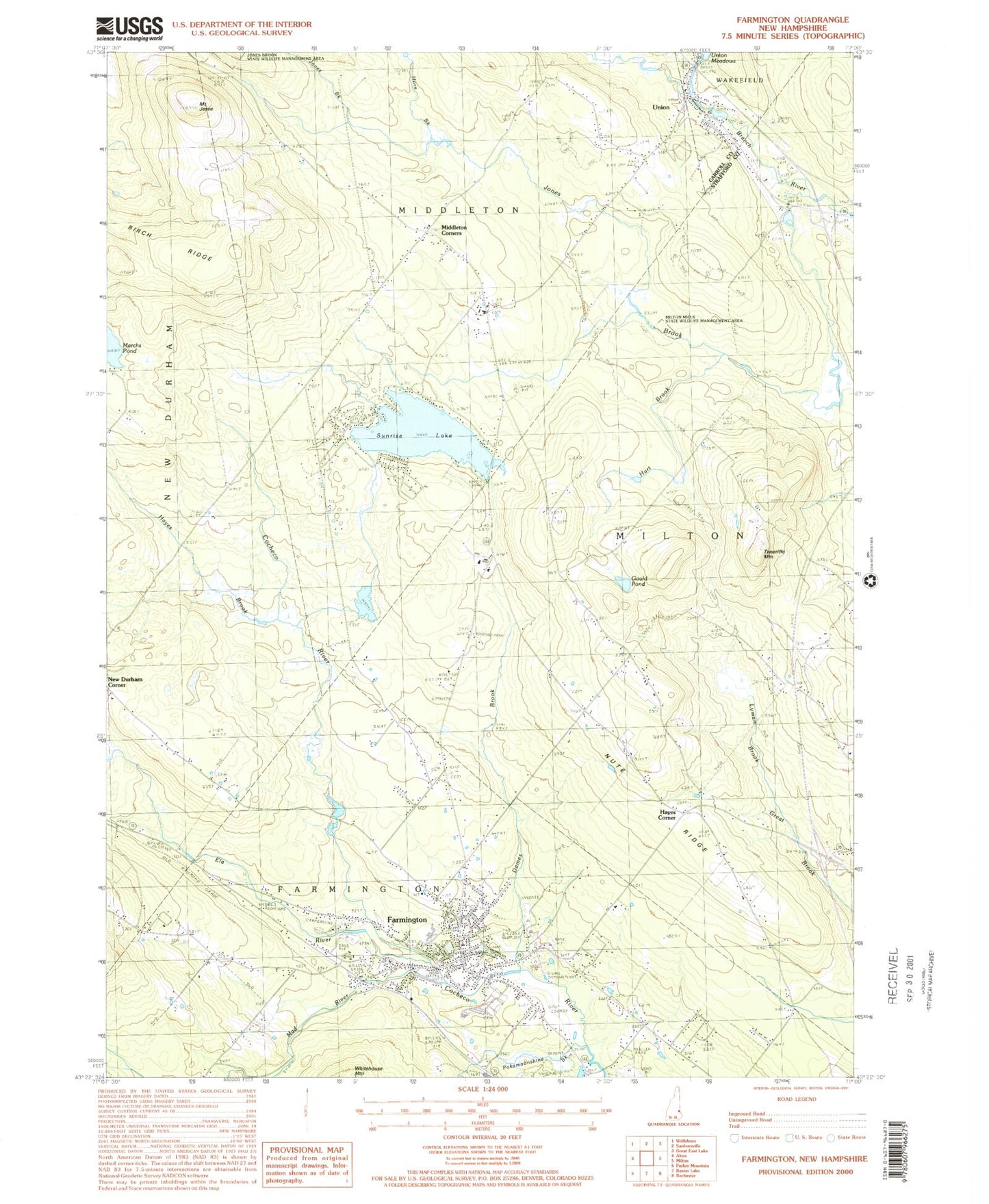 Classic USGS Farmington New Hampshire 7.5'x7.5' Topo Map Image