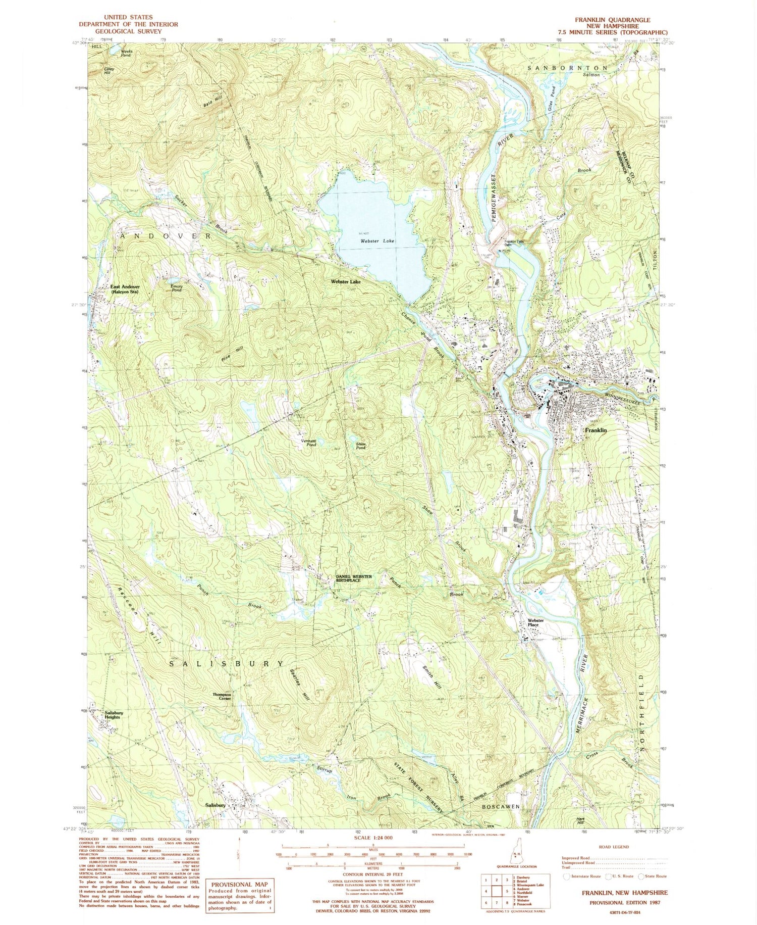 Classic USGS Franklin New Hampshire 7.5'x7.5' Topo Map Image