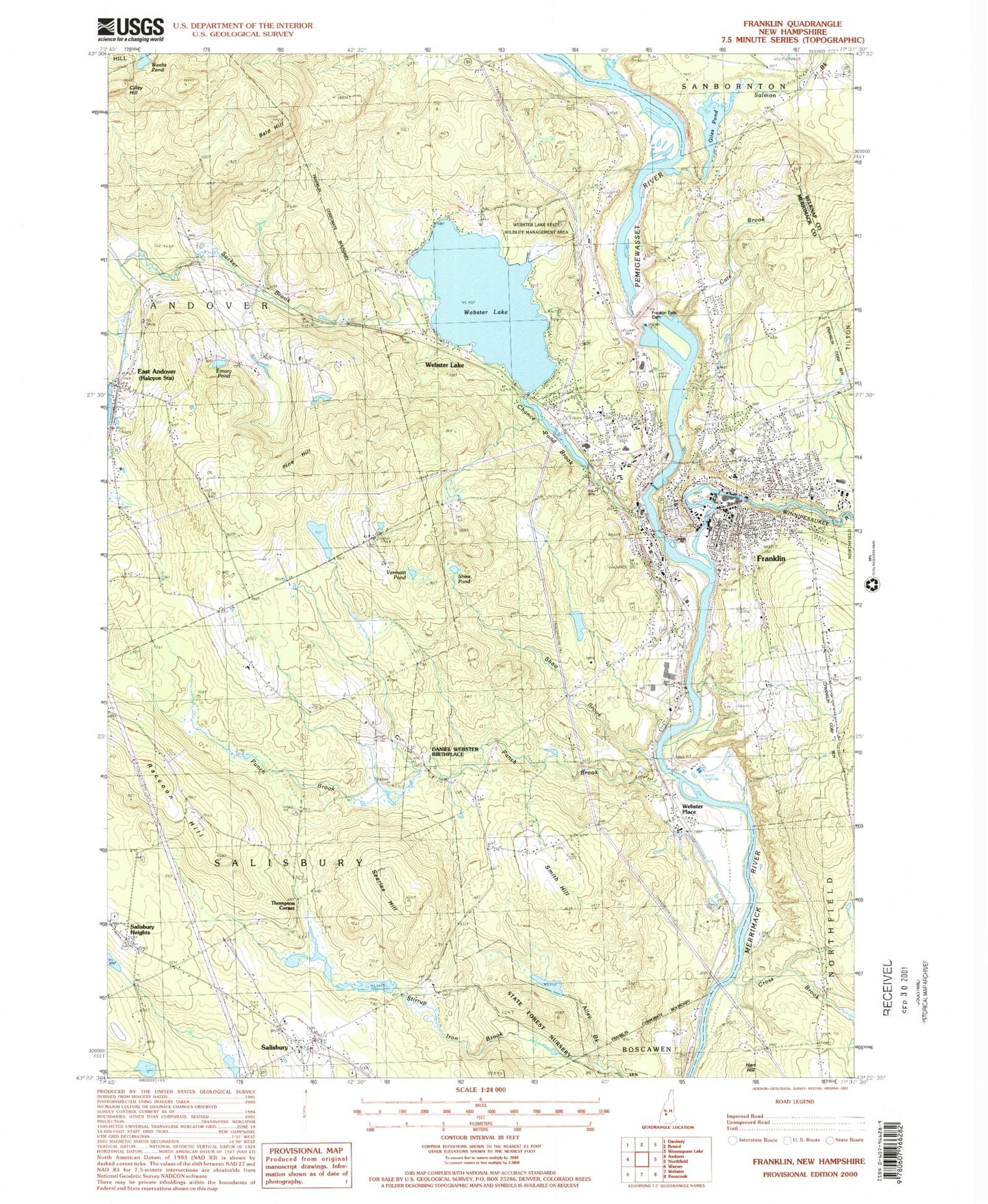 Classic USGS Franklin New Hampshire 7.5'x7.5' Topo Map Image