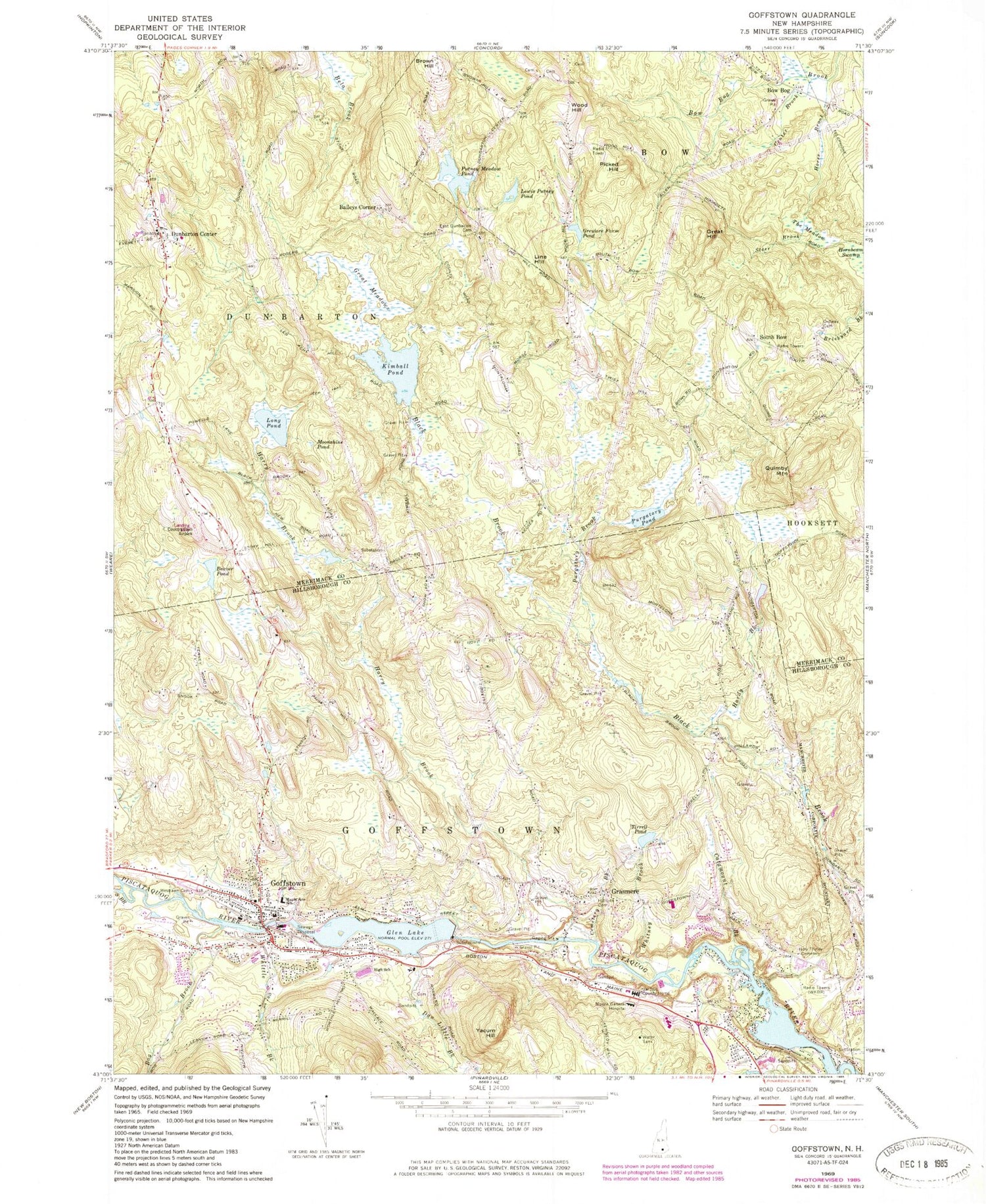 Classic USGS Goffstown New Hampshire 7.5'x7.5' Topo Map Image