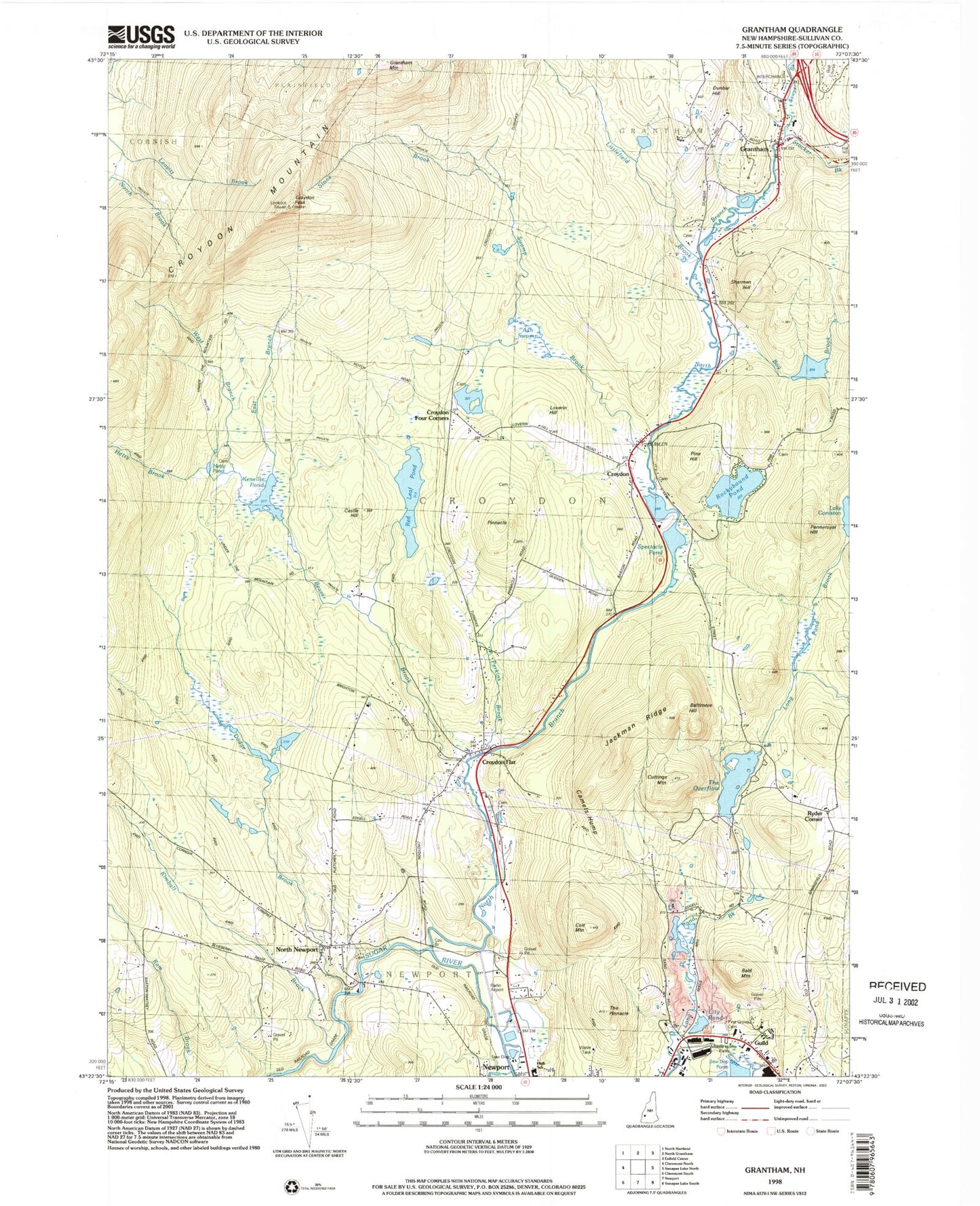 Classic USGS Grantham New Hampshire 7.5'x7.5' Topo Map Image