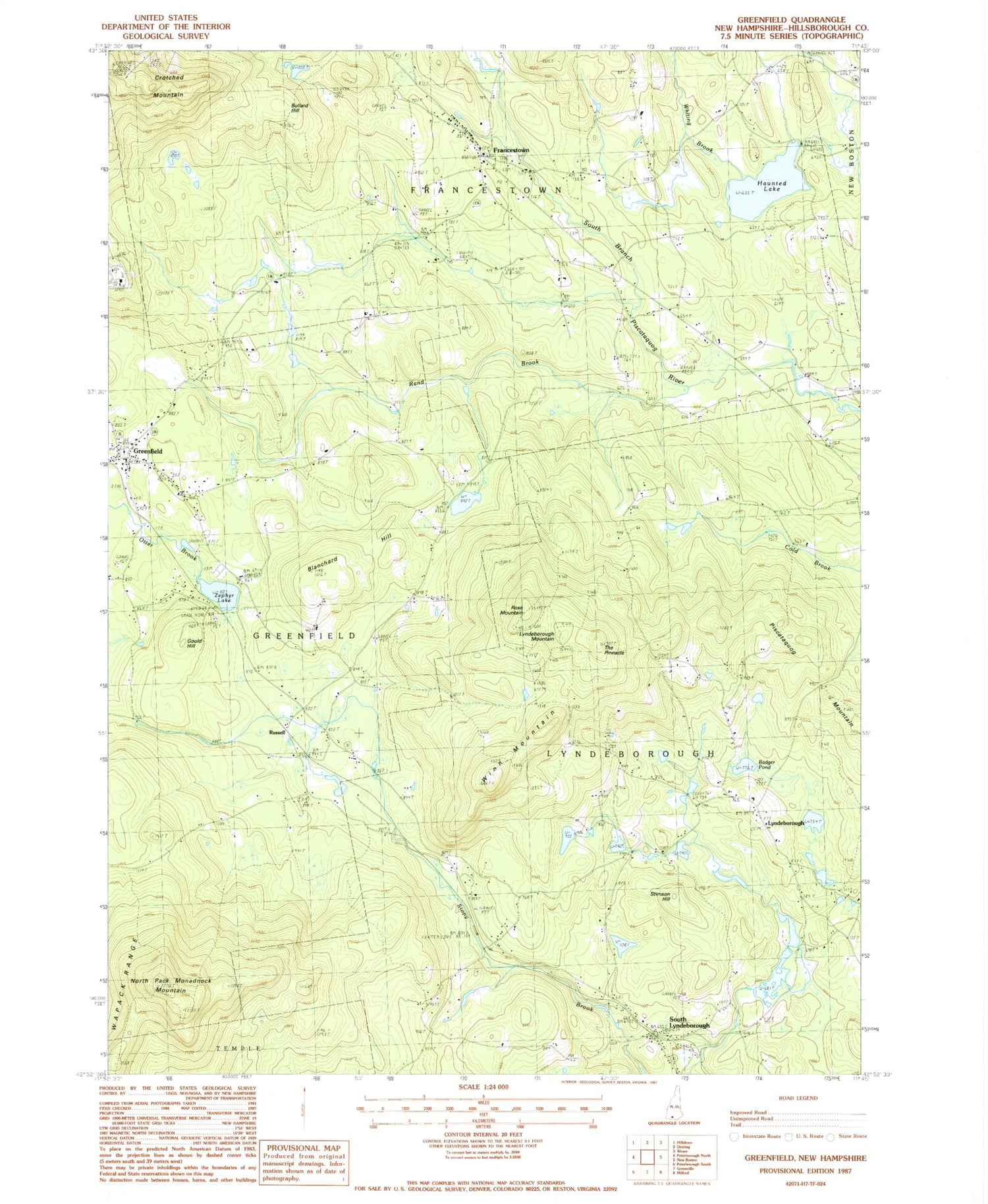 Classic USGS Greenfield New Hampshire 7.5'x7.5' Topo Map Image