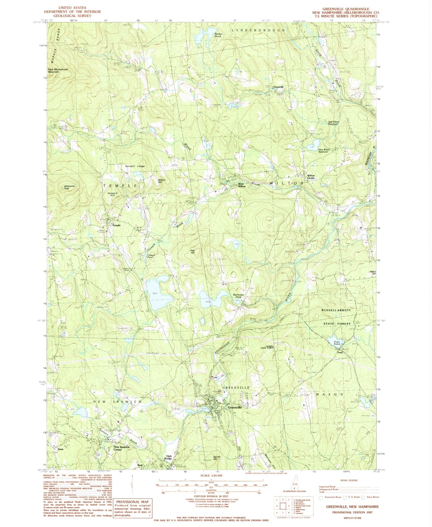 Classic USGS Greenville New Hampshire 7.5'x7.5' Topo Map Image