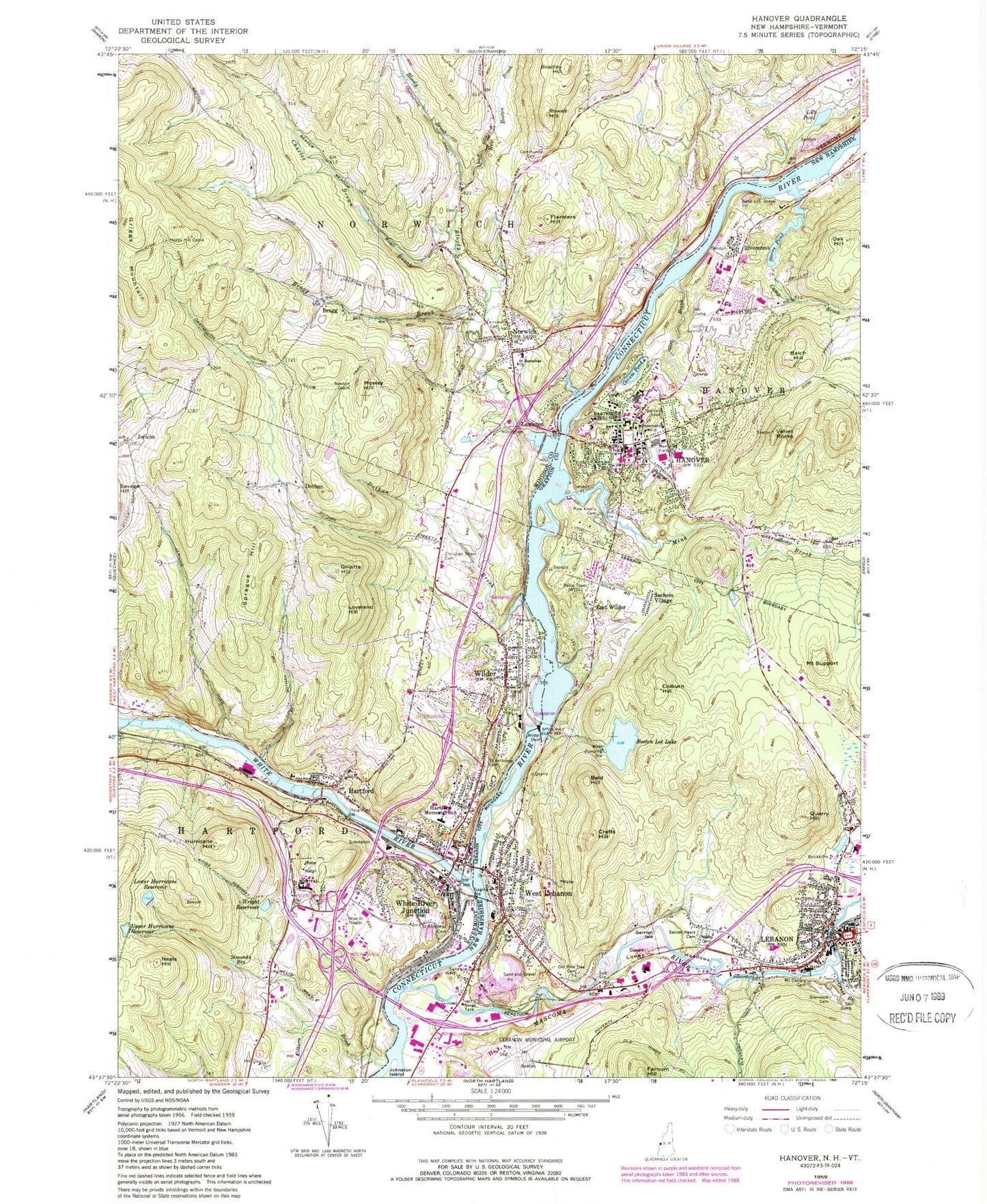 Classic USGS Hanover New Hampshire 7.5'x7.5' Topo Map Image