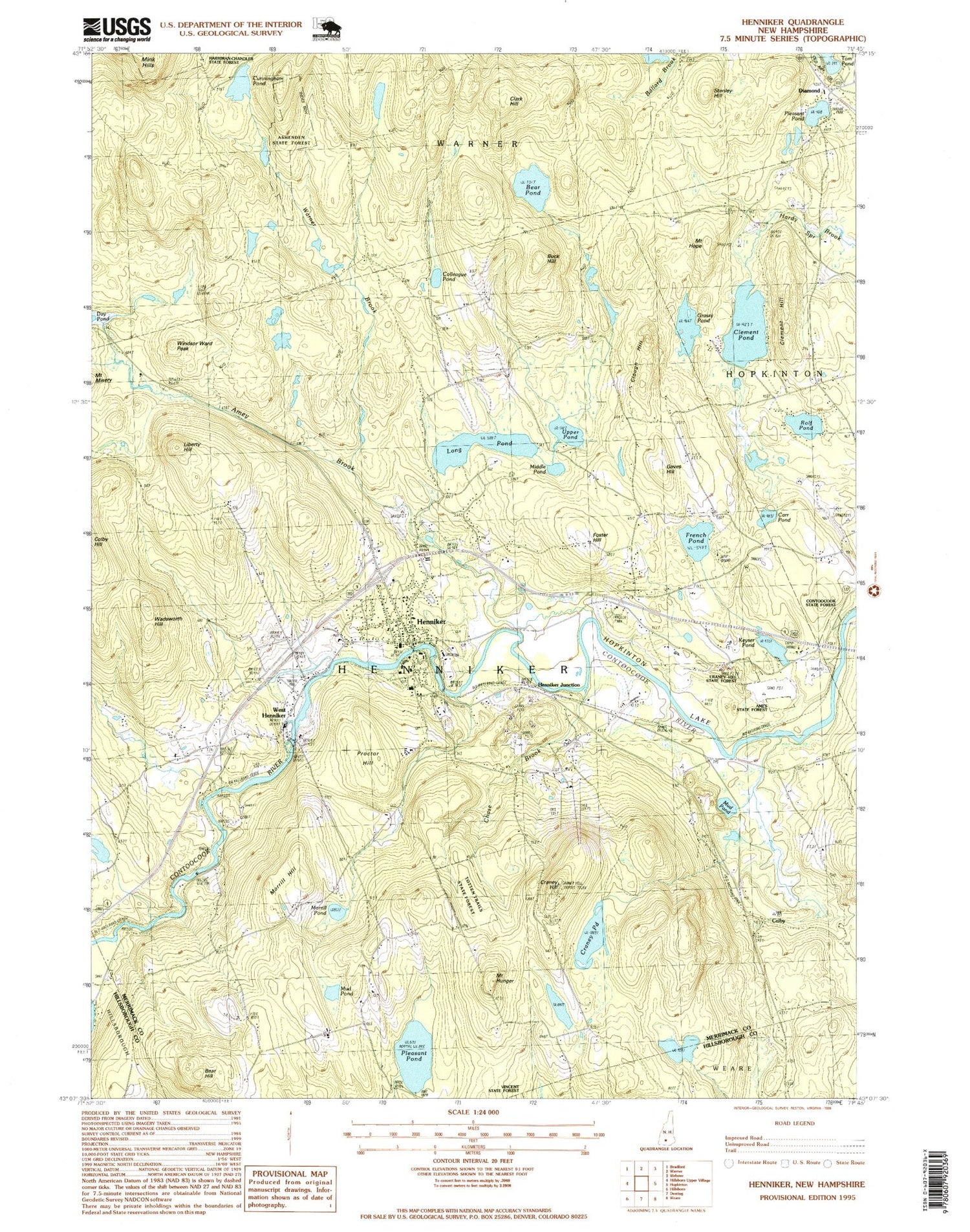 Classic USGS Henniker New Hampshire 7.5'x7.5' Topo Map Image