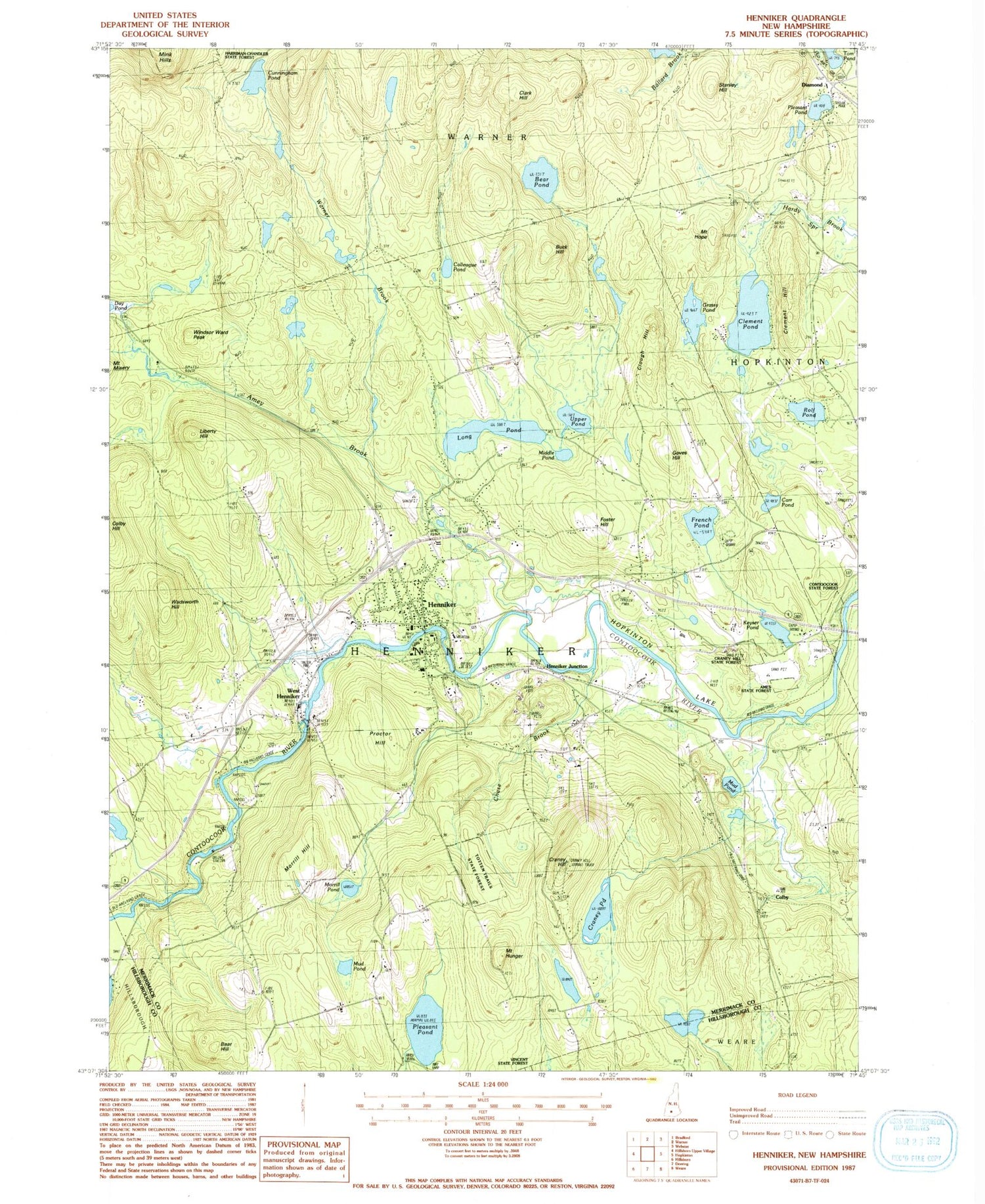 Classic USGS Henniker New Hampshire 7.5'x7.5' Topo Map Image