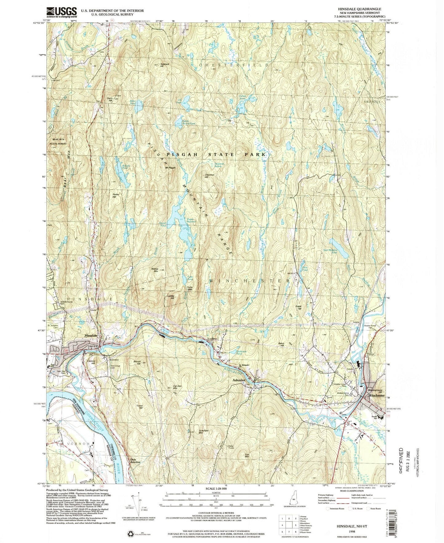 Classic USGS Hinsdale New Hampshire 7.5'x7.5' Topo Map Image