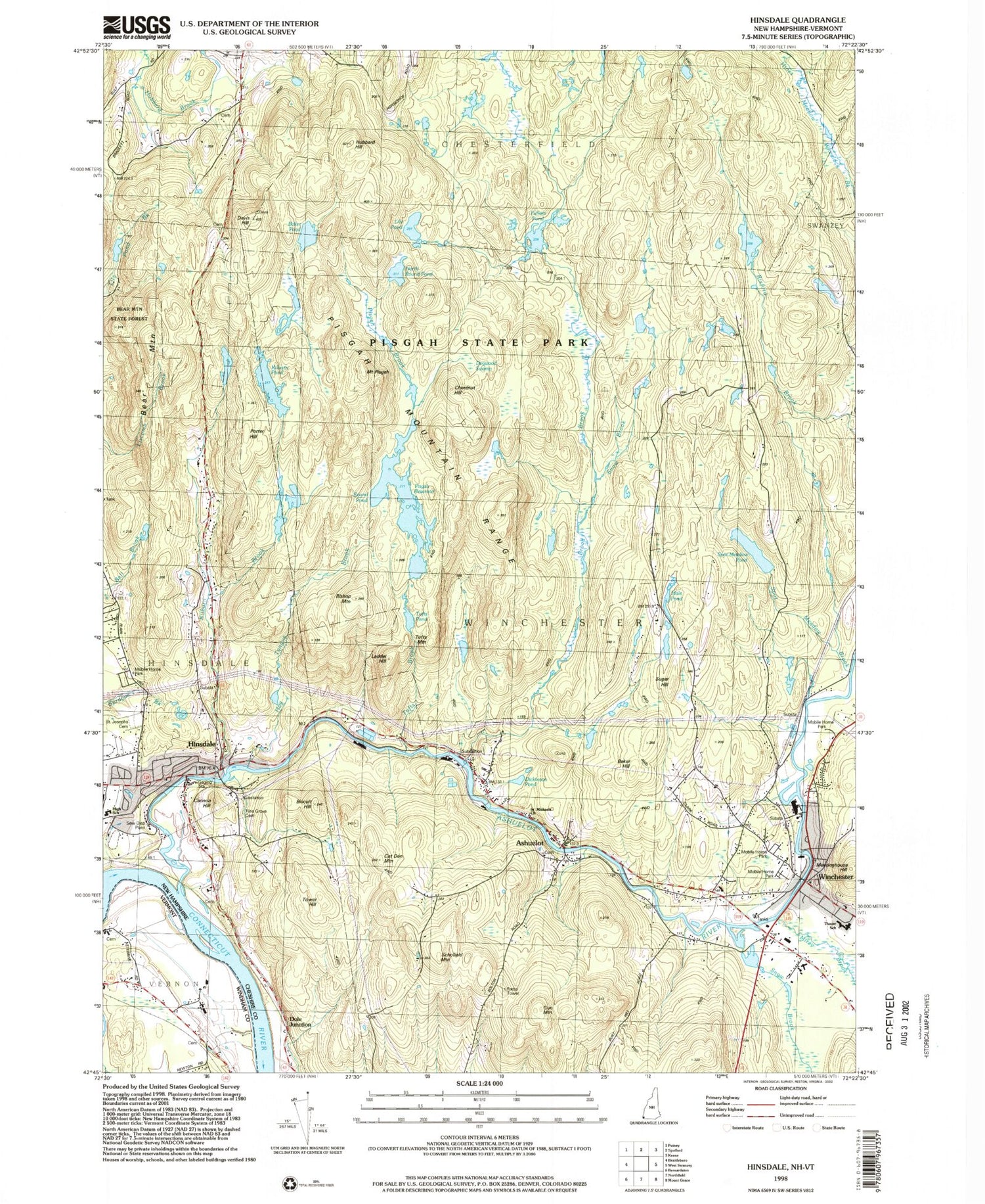Classic USGS Hinsdale New Hampshire 7.5'x7.5' Topo Map Image