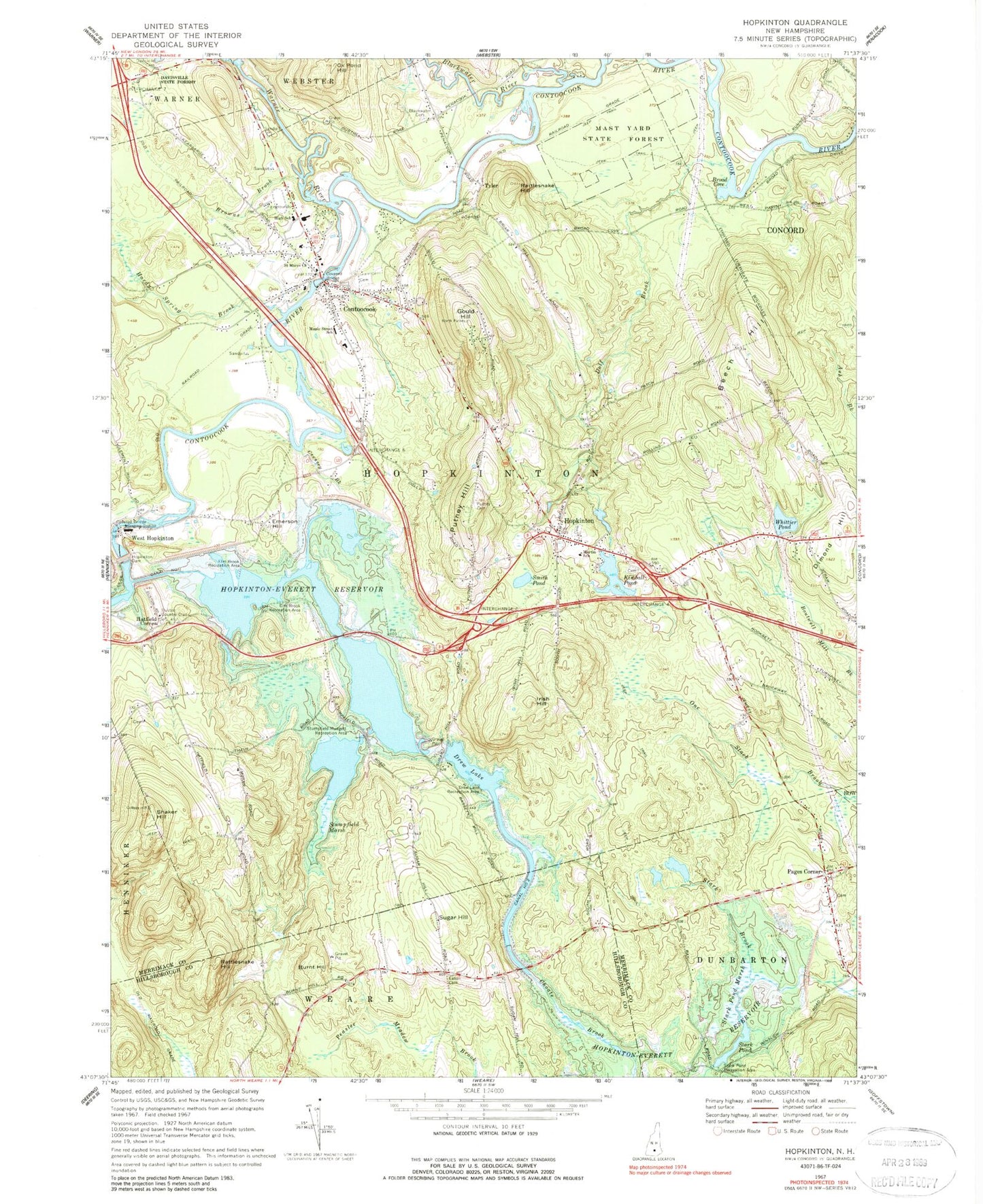 Classic USGS Hopkinton New Hampshire 7.5'x7.5' Topo Map Image