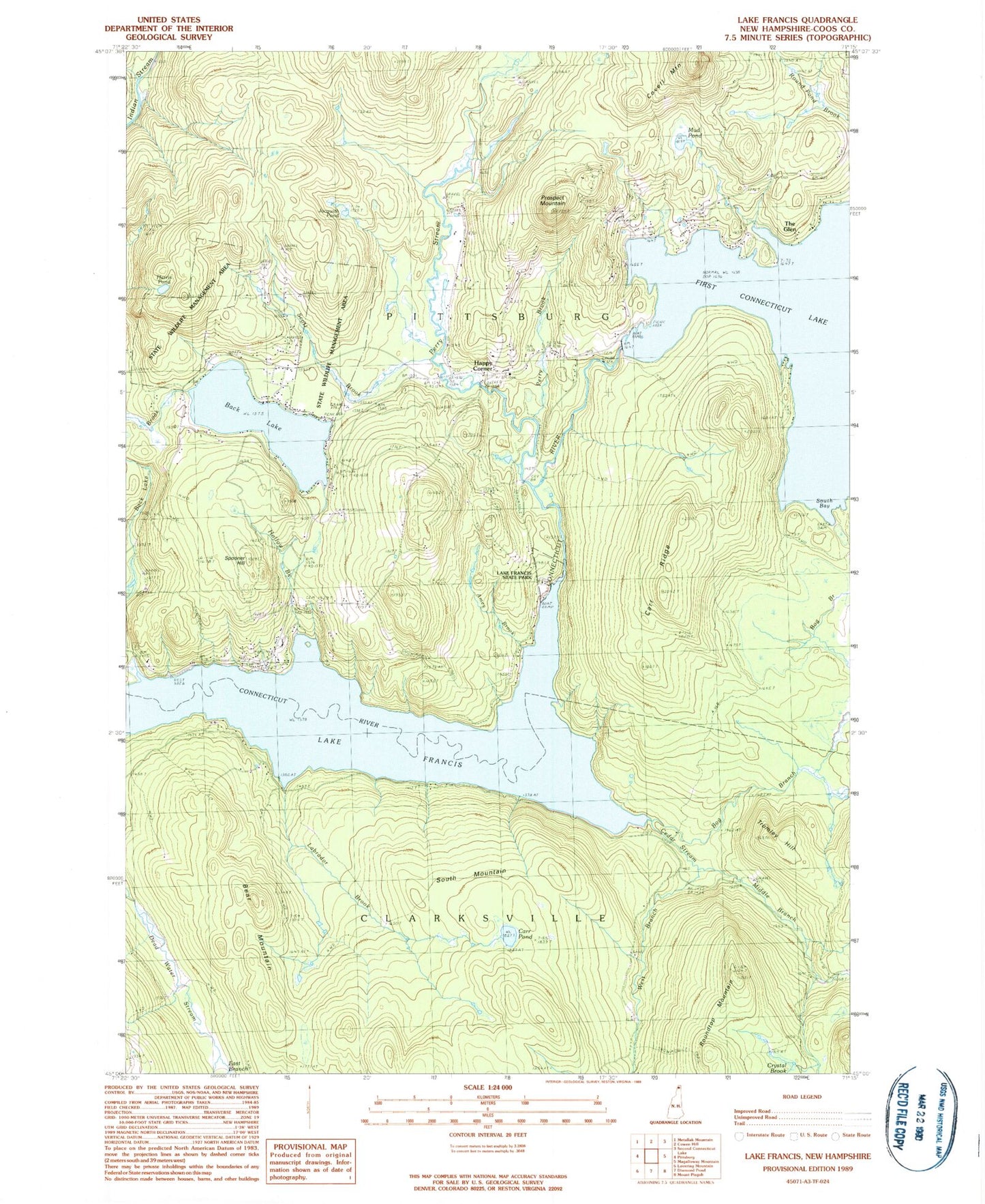Classic USGS Lake Francis New Hampshire 7.5'x7.5' Topo Map Image
