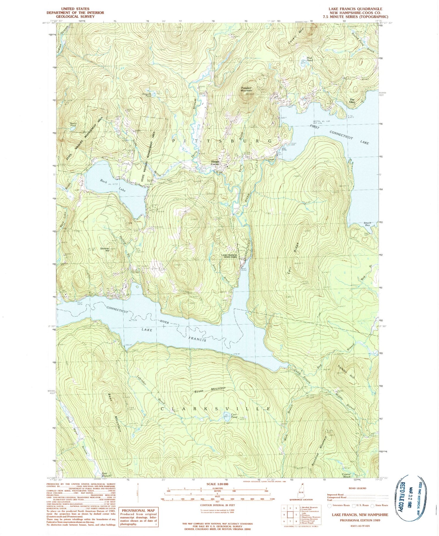 Classic USGS Lake Francis New Hampshire 7.5'x7.5' Topo Map Image