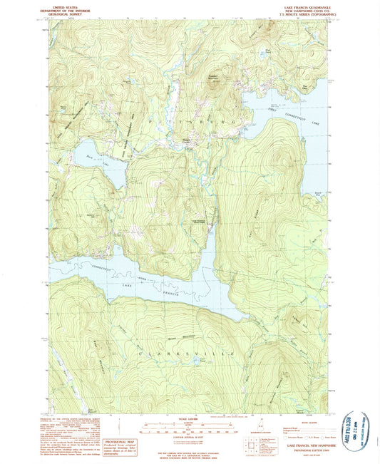 Classic USGS Lake Francis New Hampshire 7.5'x7.5' Topo Map Image
