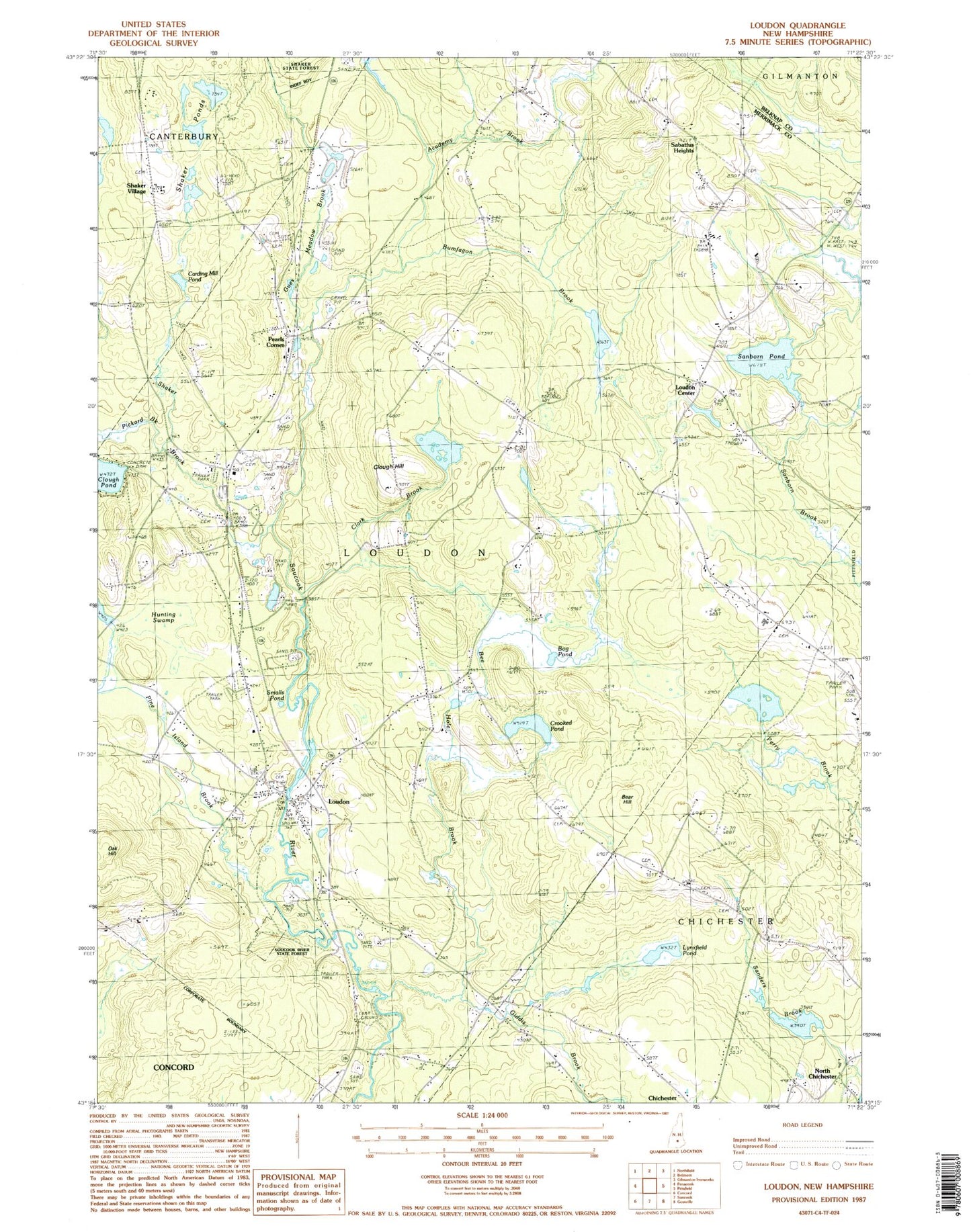 Classic USGS Loudon New Hampshire 7.5'x7.5' Topo Map Image