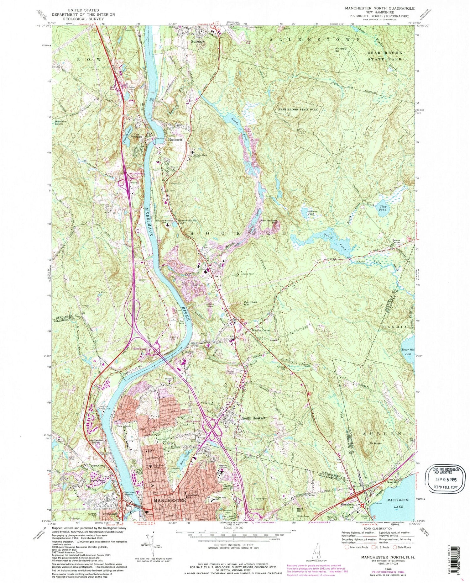 Classic USGS Manchester North New Hampshire 7.5'x7.5' Topo Map Image