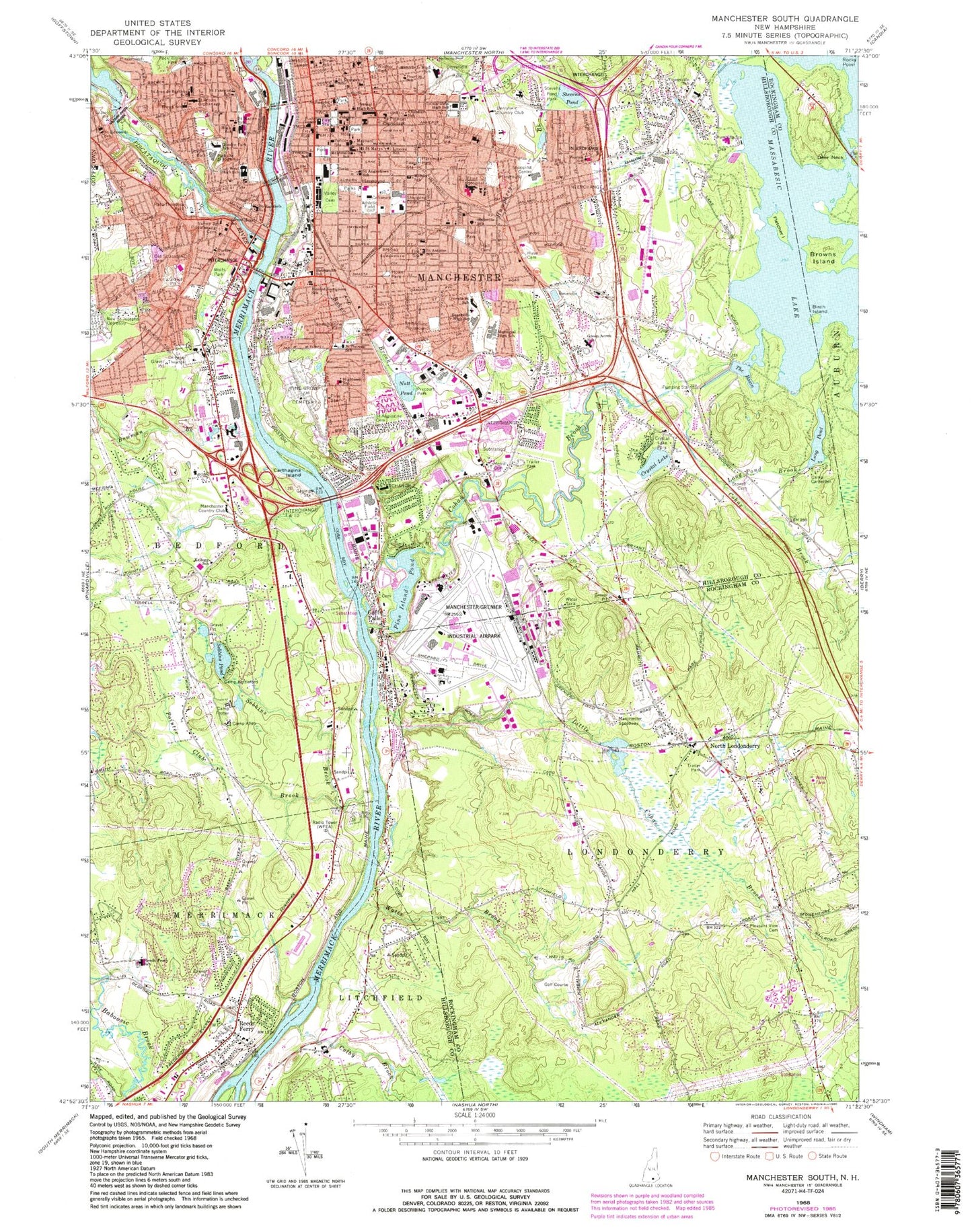 Classic USGS Manchester South New Hampshire 7.5'x7.5' Topo Map Image