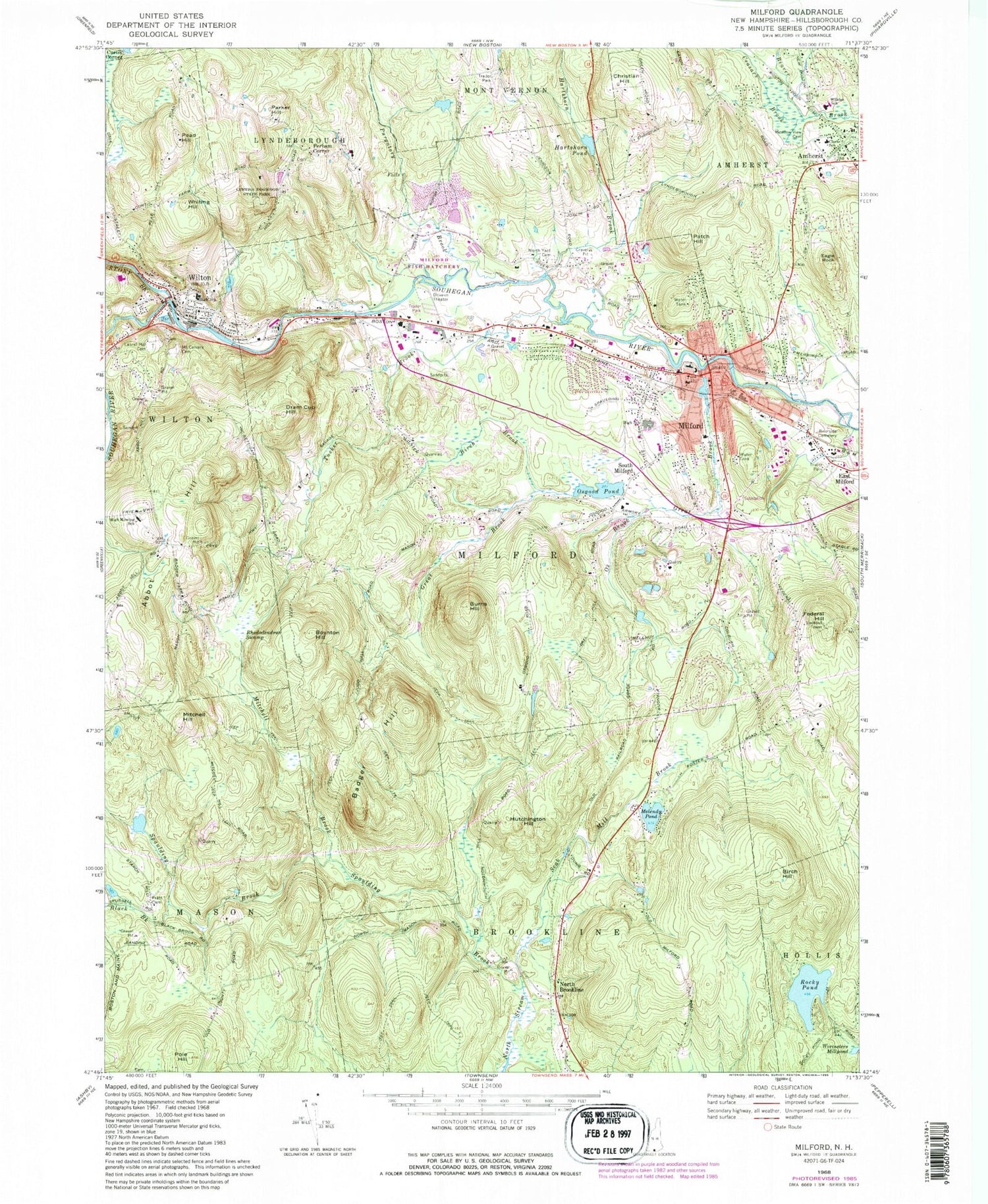 Classic USGS Milford New Hampshire 7.5'x7.5' Topo Map Image