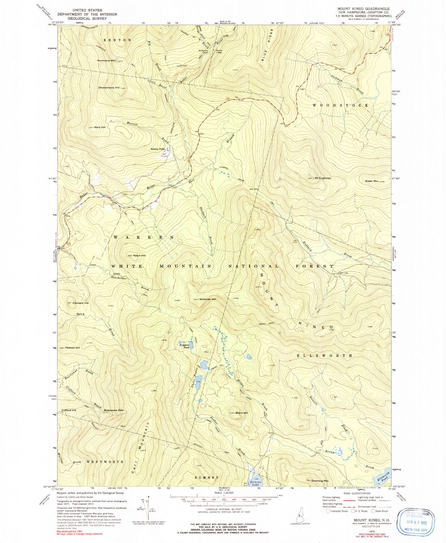Classic USGS Mount Kineo New Hampshire 7.5'x7.5' Topo Map Image