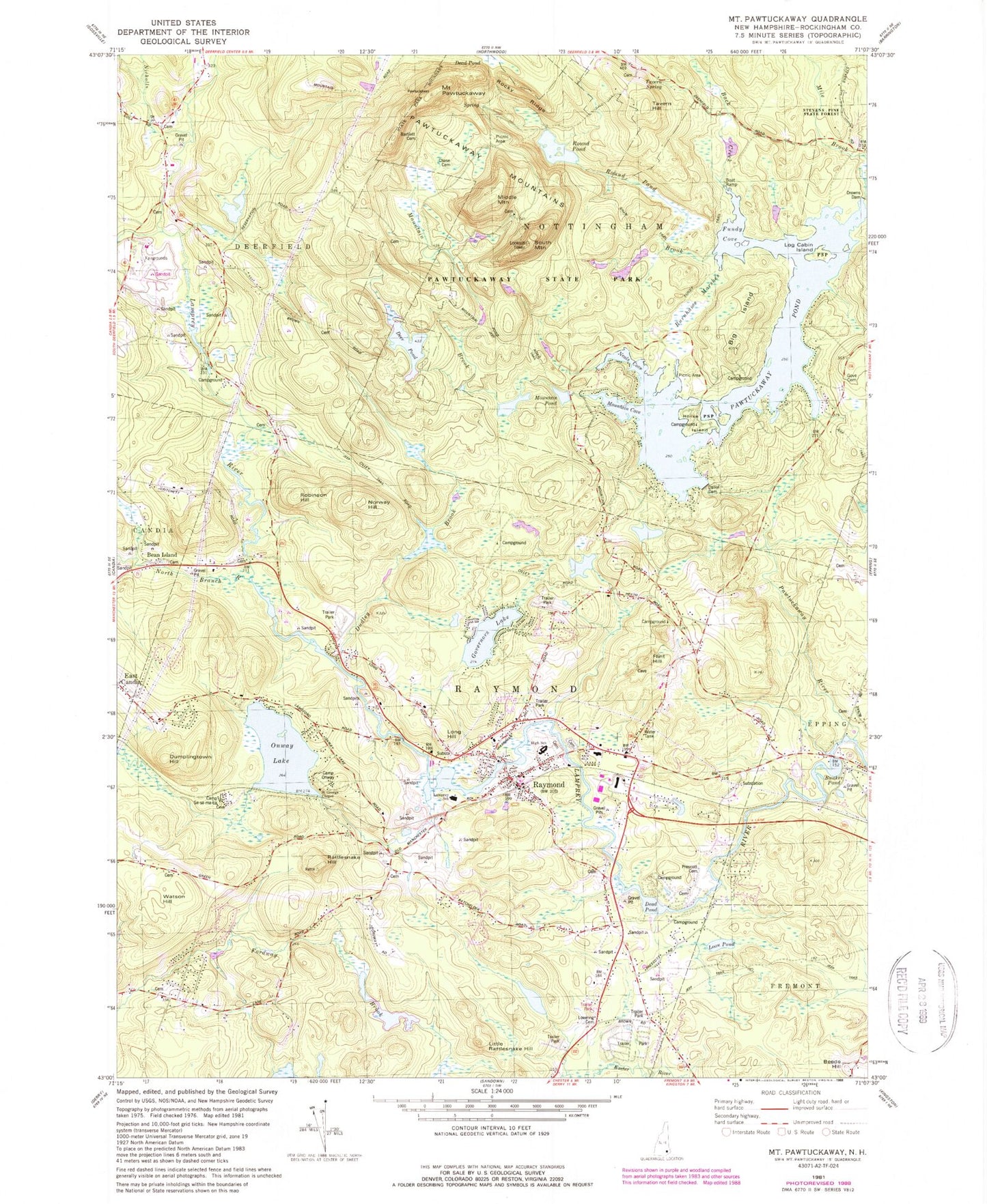 Classic USGS Mount Pawtuckaway New Hampshire 7.5'x7.5' Topo Map Image