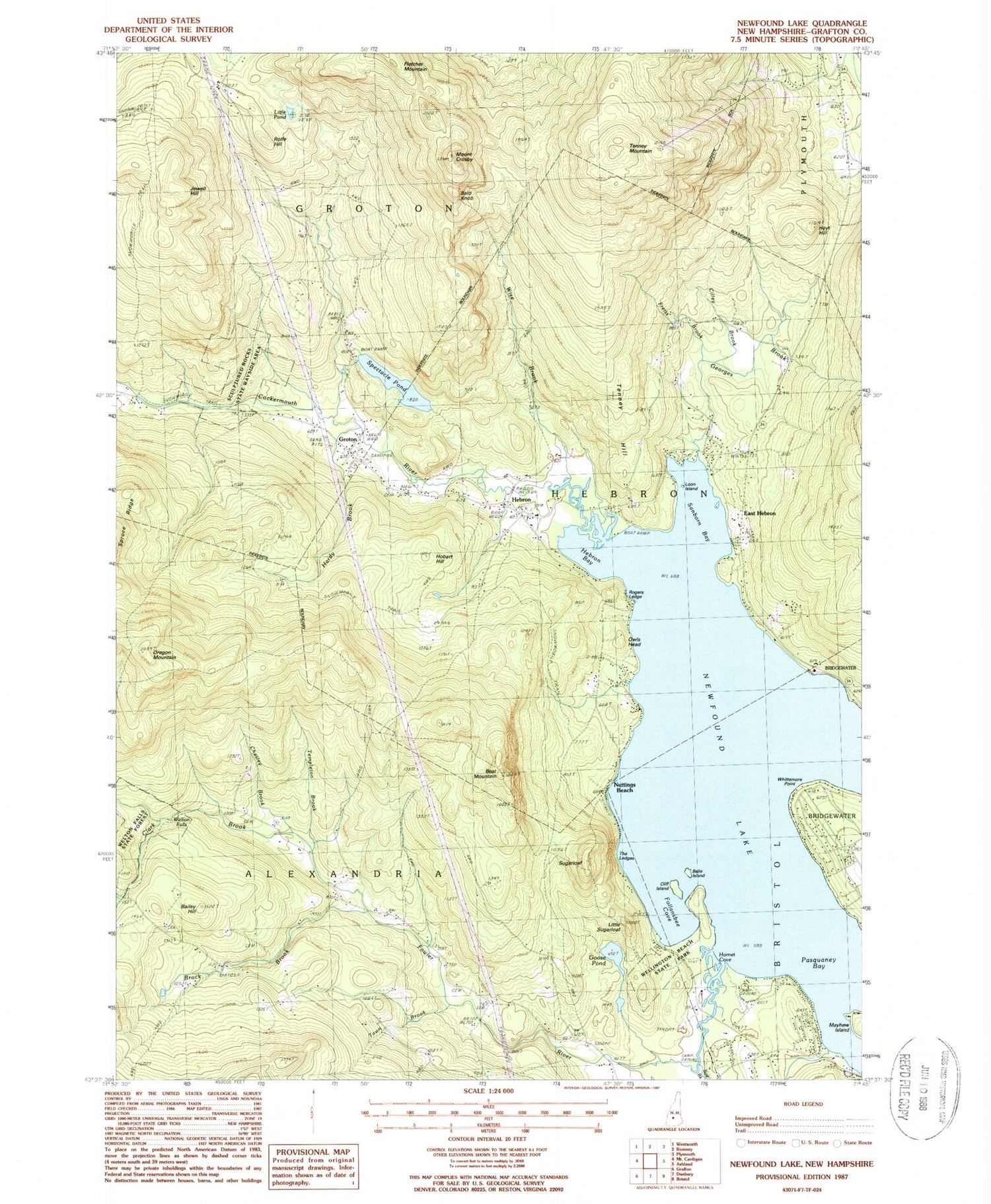Classic USGS Newfound Lake New Hampshire 7.5'x7.5' Topo Map Image