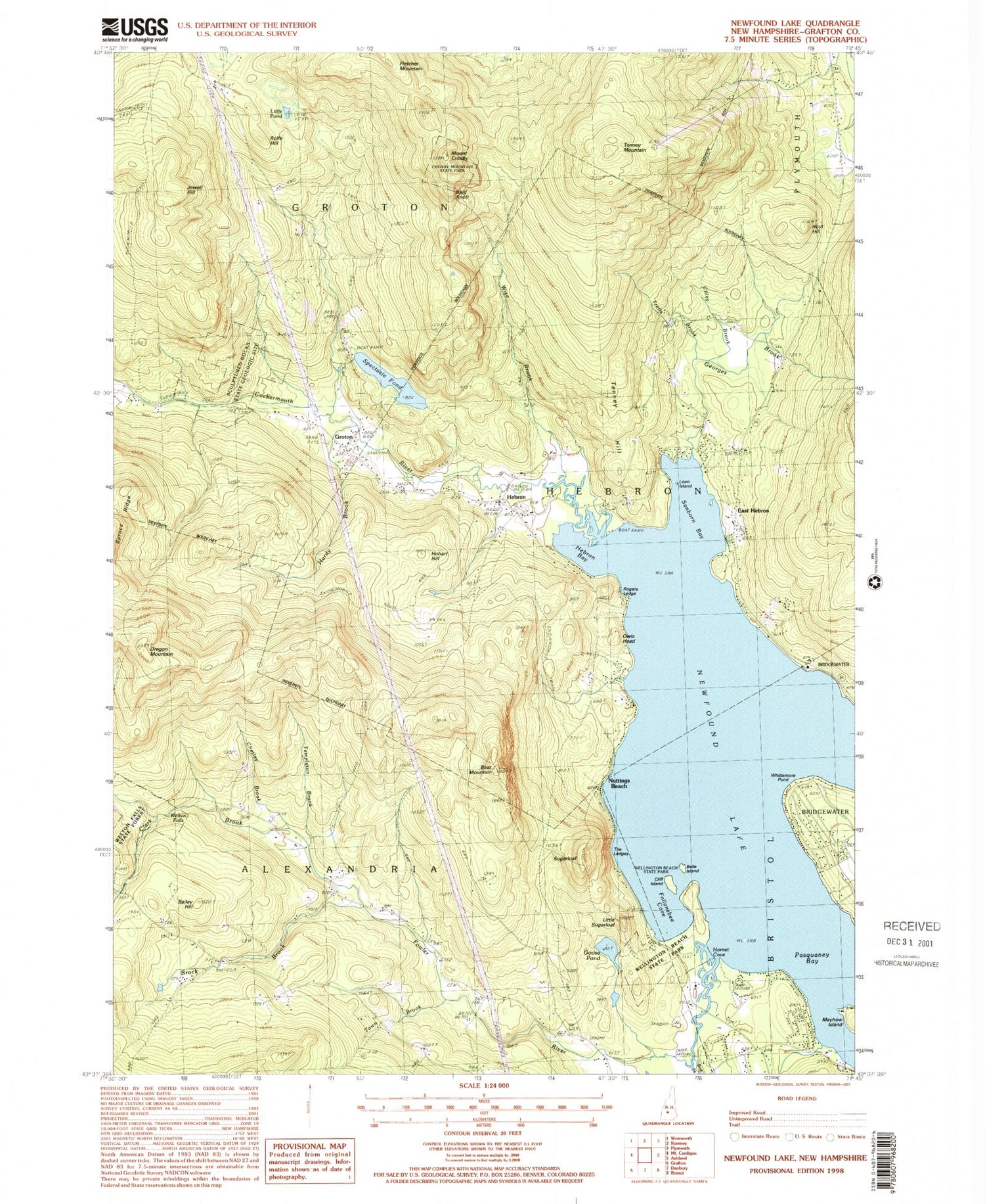 Classic USGS Newfound Lake New Hampshire 7.5'x7.5' Topo Map Image