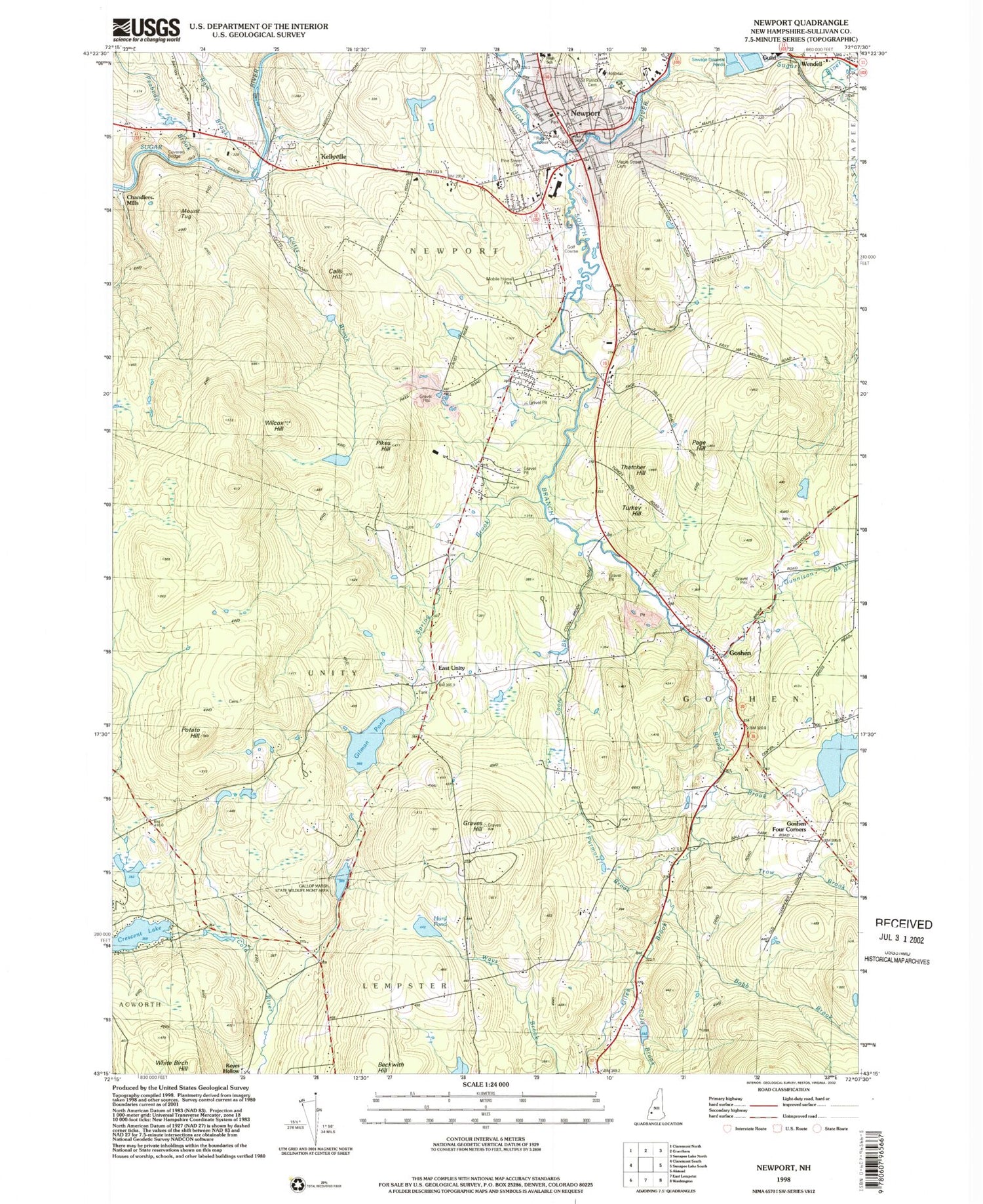 Classic USGS Newport New Hampshire 7.5'x7.5' Topo Map Image
