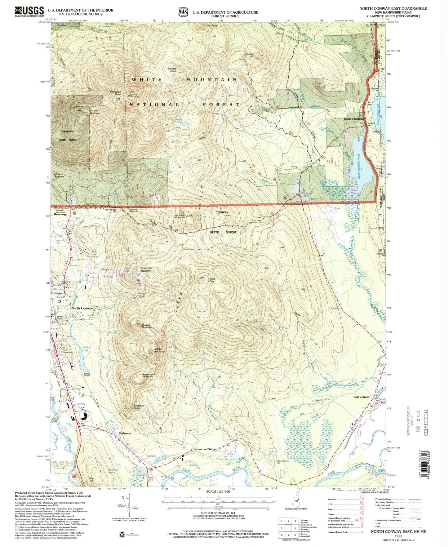 Classic USGS North Conway East New Hampshire 7.5'x7.5' Topo Map Image
