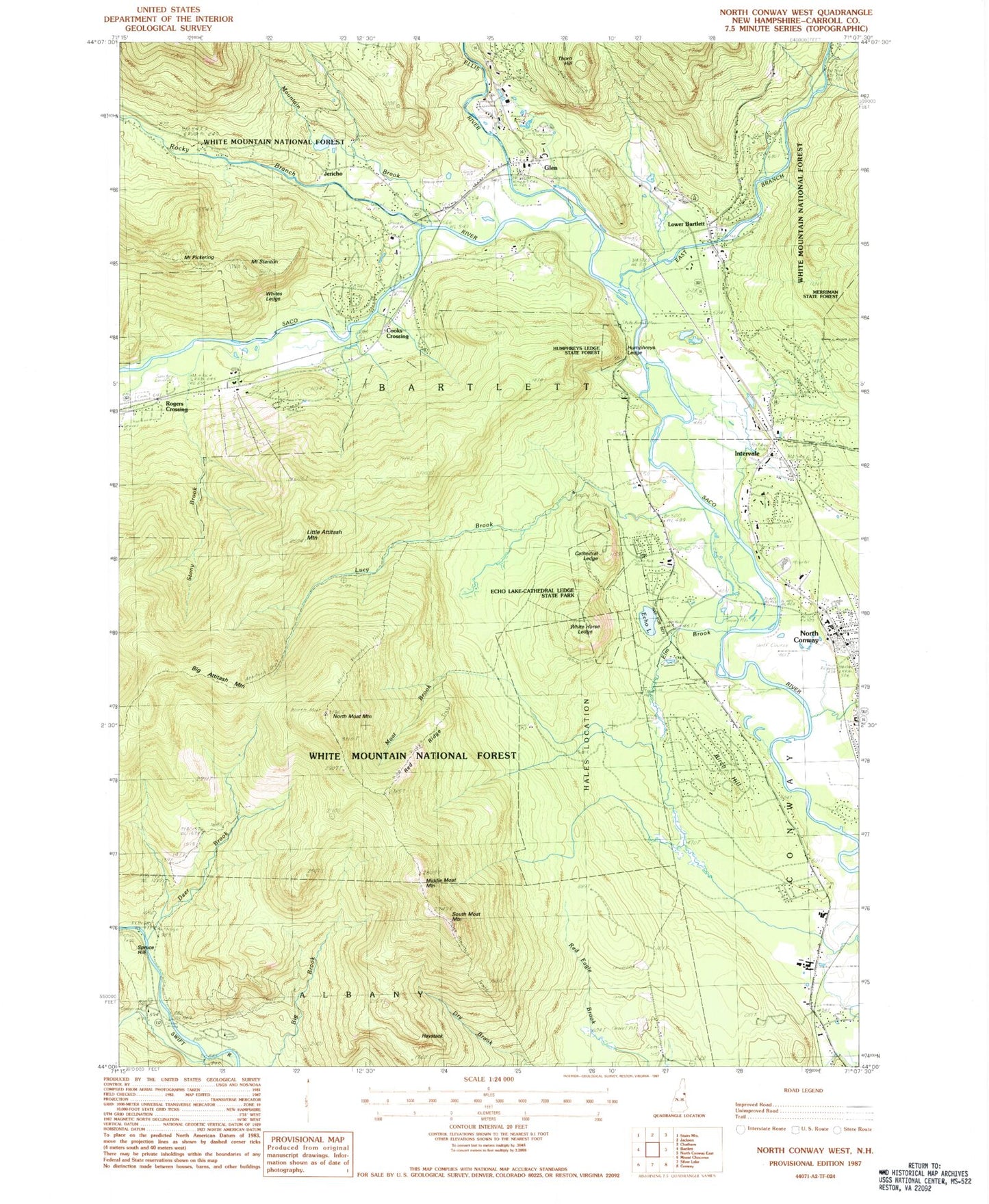 Classic USGS North Conway West New Hampshire 7.5'x7.5' Topo Map Image